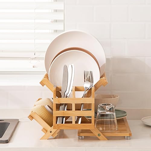 Miniatura 5 de HBlife Escurridor de platos de bambú con soporte para utensilios, escurridor de platos de madera plegable grande de 3 niveles, soporte de secado
