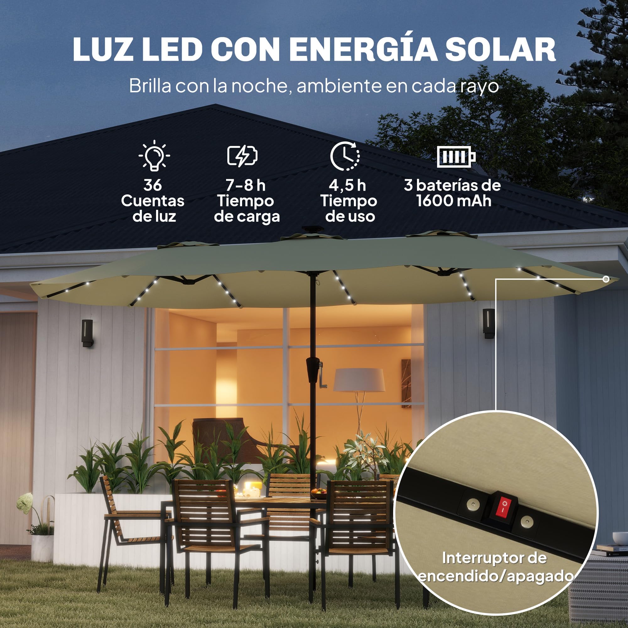 Outsunny Sombrilla Doble con 36 Luces LED Solares 4x2 m | Sombrilla Terraza Exterior, Manivela, UPF50+, 12 Varillas, Resistente al Agua, Parasol para Jardín, Terraza, Patio