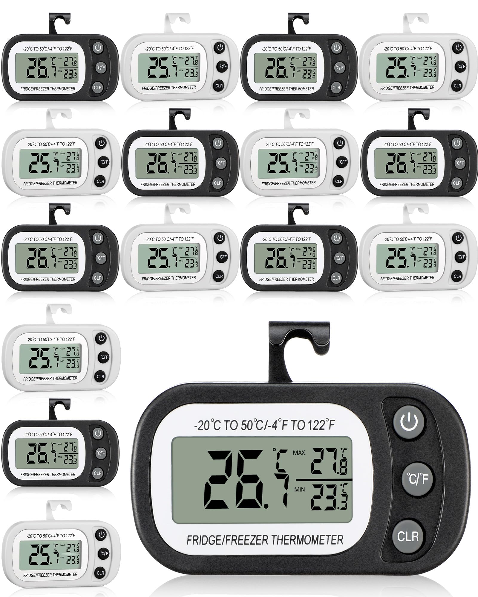 Frienda 16 termómetros digitales para nevera en blanco y negro, impermeables, para refrigerador y congelador, función de grabación máxima/mínima, pantalla LCD, termómetro para refrigerador con gancho