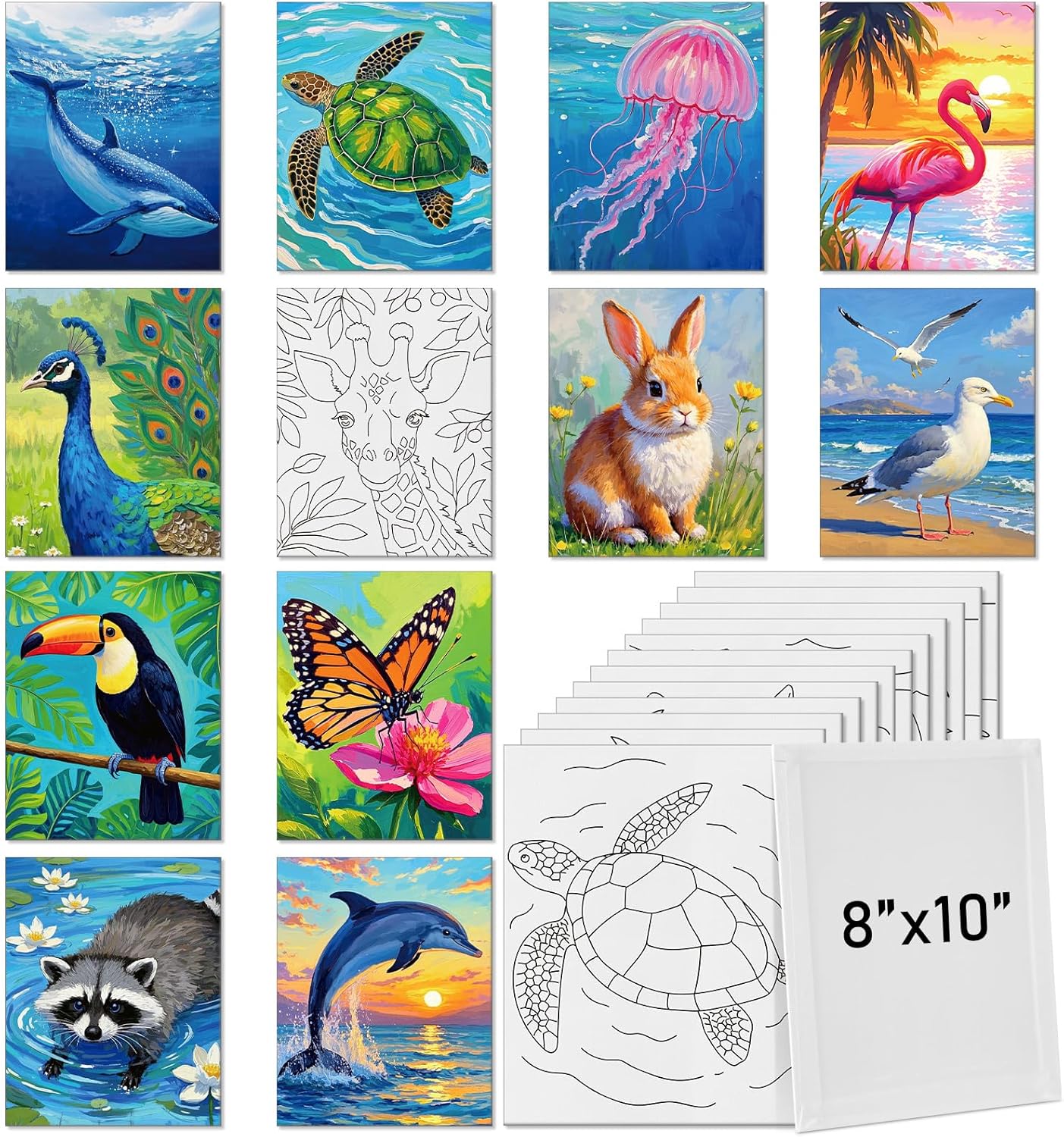 Tinlade 12 Pcs 7.9 x 9.8 Inch Pre Drawn Canvases for Painting Pre Stretched Canvas DIY Coloring Outline Painting Boards for Beginners Adults (Animal Style)