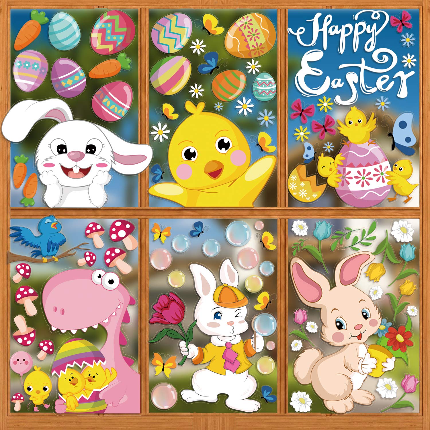Hianjoo Lot de 118 autocollants de fenêtre « Happy Easter » - 9 feuilles - Œuf de Pâques Hianjoo Lot de 118 autocollants de fenêtre « Happy Easter » - 9 feuilles - Œuf de Pâques