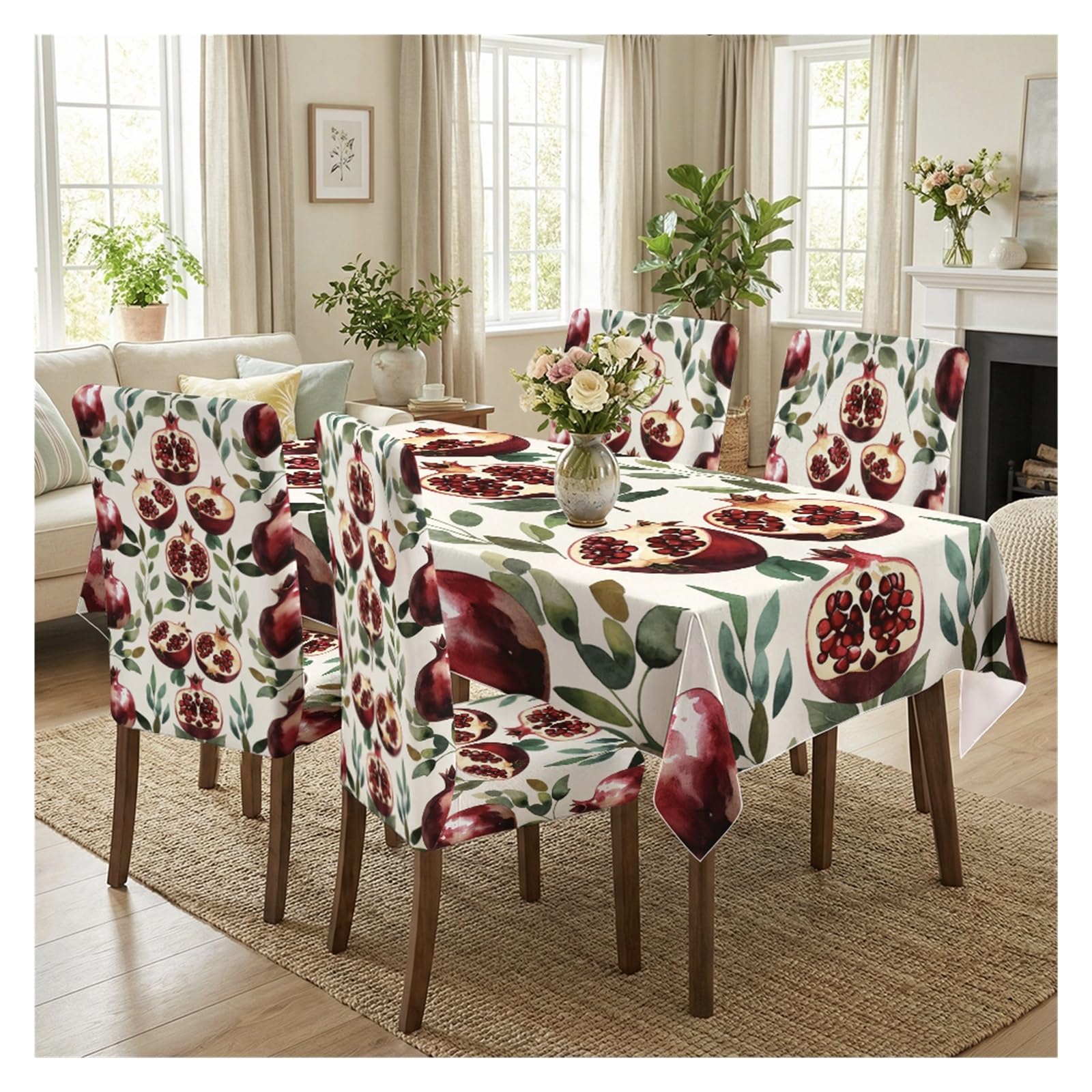 BOSUYBN Watercolor Pomegranate & Green Leaf Print Dining Tablecloth & Chair Covers Set, 5/7 Piece Fresh Fruit Rustic Dining Decor Table Setting(5pcs Set: Tablecloth+Chair Covers)