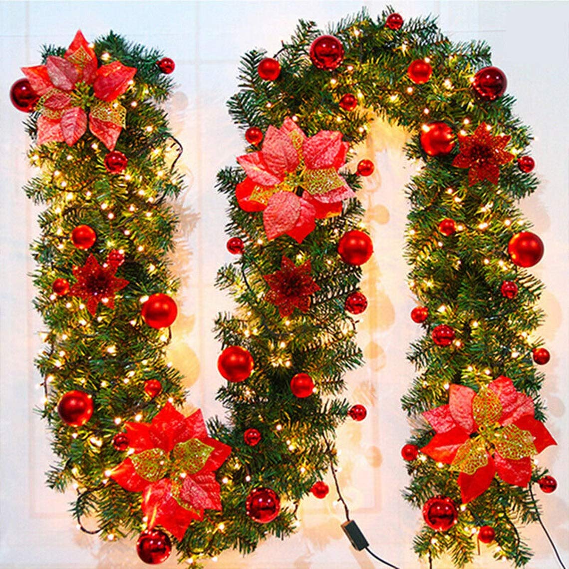 Aka Red 9Ft/2.7M Christmas Garland With Light Led Tree Fireplace Diy Decor Door Wreath (Red)