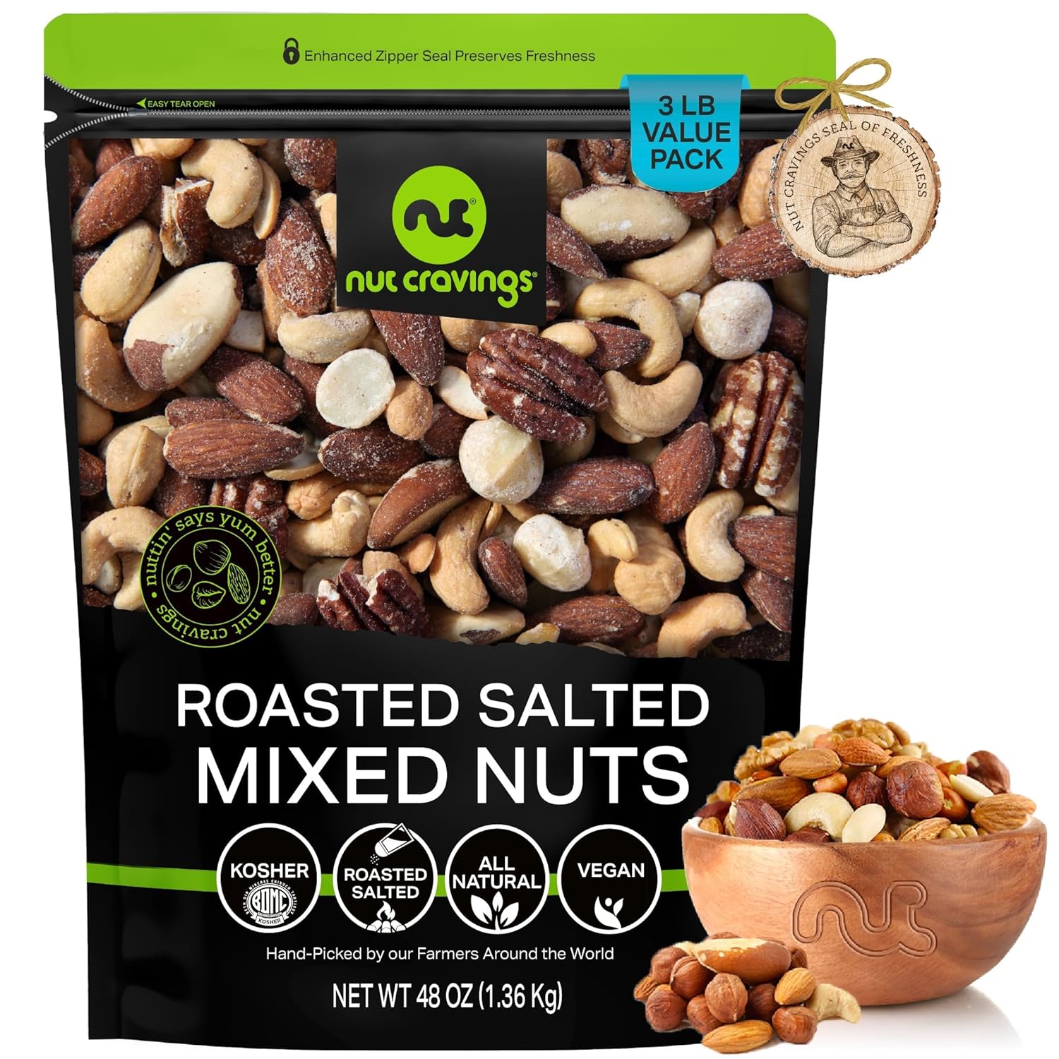 NUT CRAVINGS - Roasted & Salted Mixed Nuts - Brazil, Pecan, Almond, Hazelnut, Cashew (48oz - 3 LB) Packed Fresh in Resealable Bag - Food Assortments