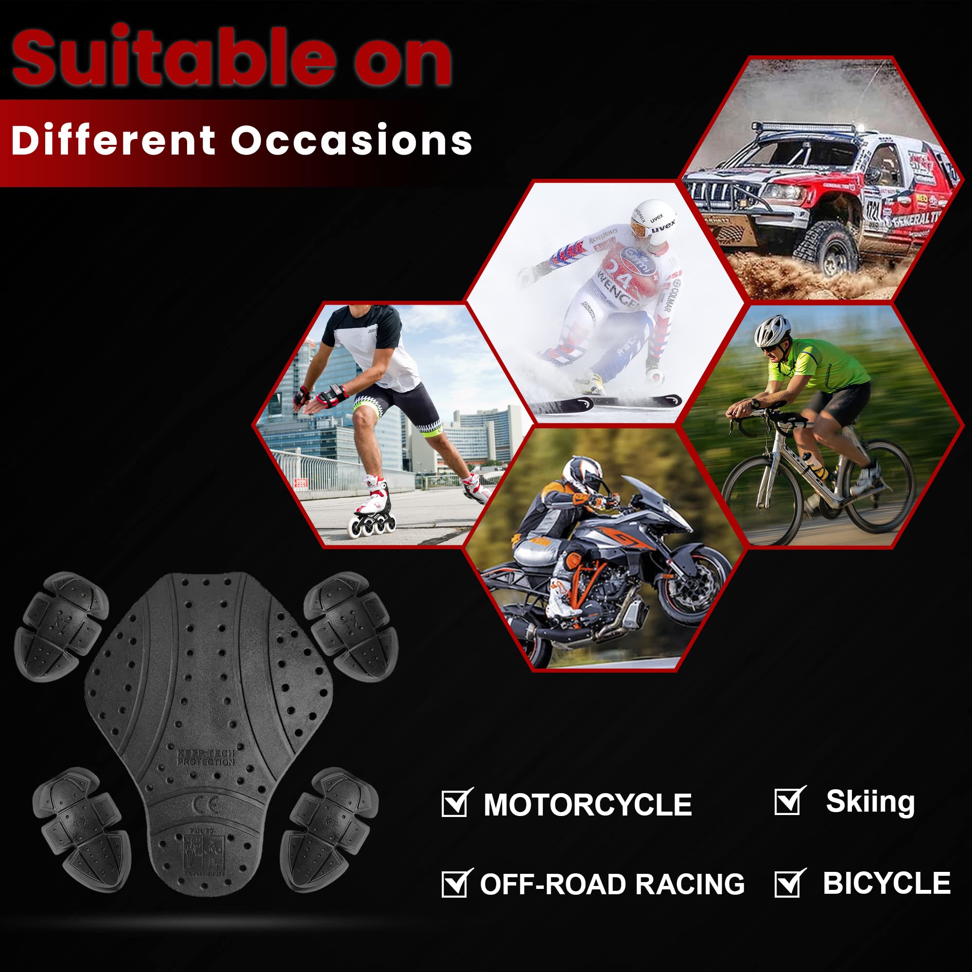 MOTOSTYLEWEAR - 5 PC – Black CE Level 1 Certified Armor Pads, Level 1 Approved Back, Shoulder, and Elbows Armor Protector Insert for Motorcycle Jackets.