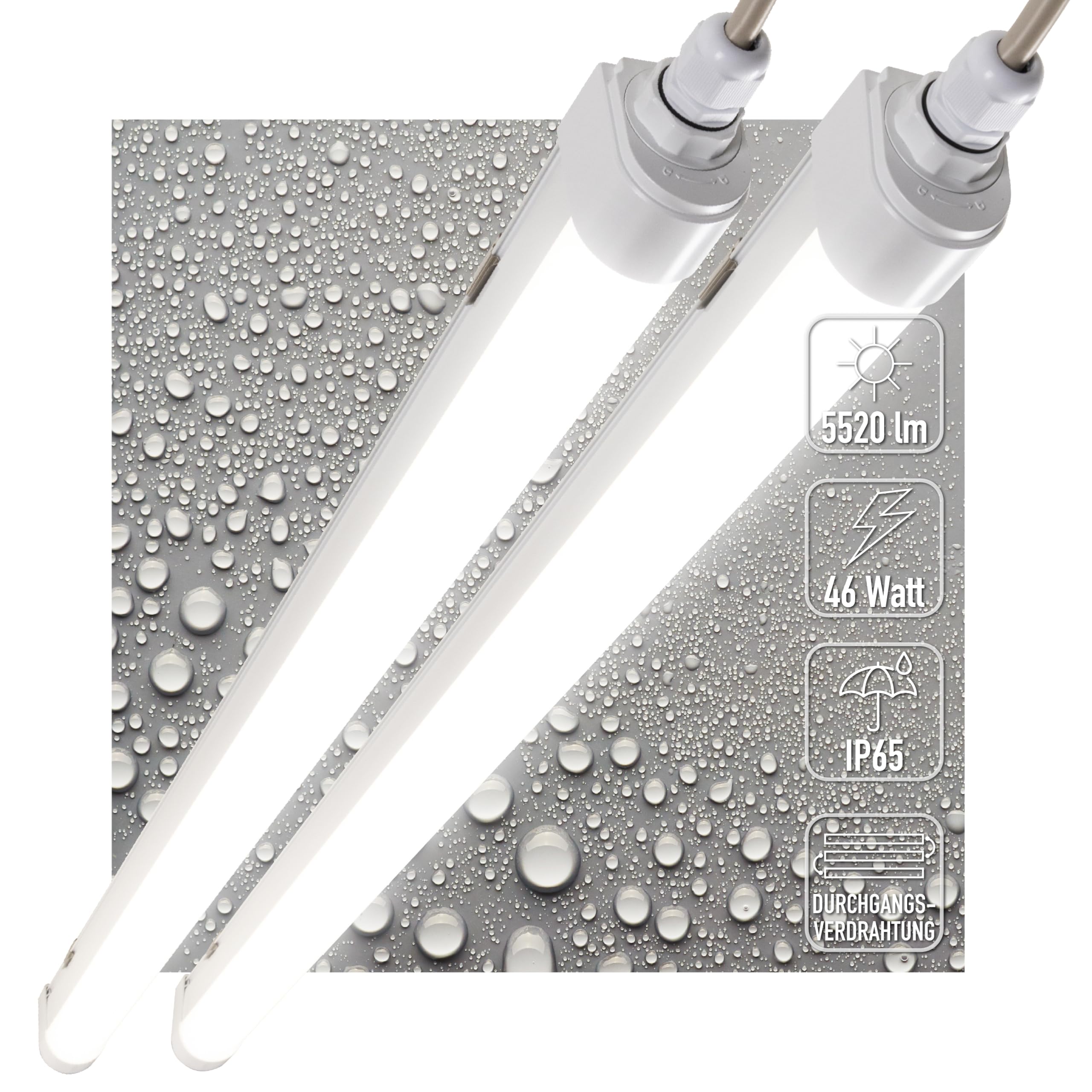 Proventa LED Feuchtraumleuchte 150cm 2-Pack IP65 46W 5520lm 4000K Neutralweiß - durchverdrahtet, verknüpfbar, Wannenleuchte, Werkstattleuchte, Garagenbeleuchtung, Kellerlampe, Leuchtstoffröhre
