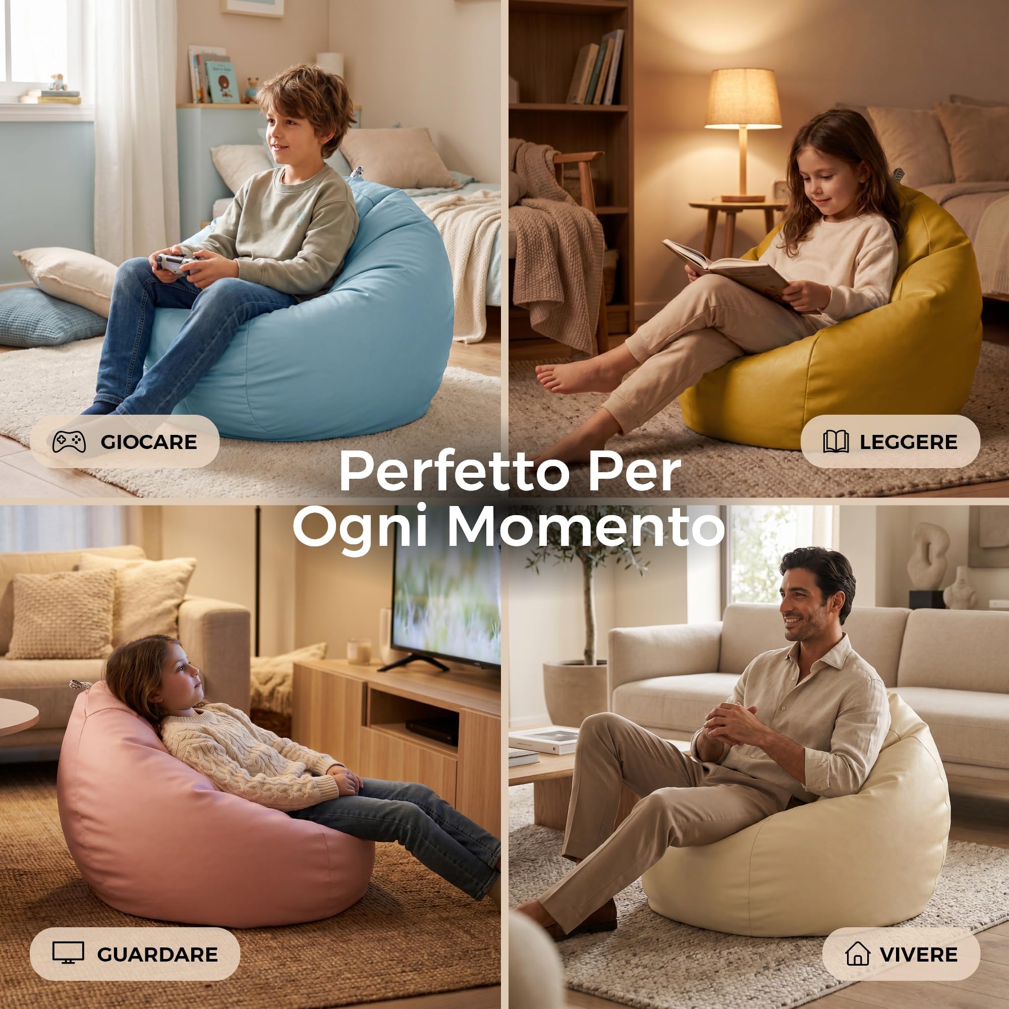 Happers Pouf Bambini Poltrona Morbida a Sacco per Sedersi con Imbottitura Puff per Gioco Relax Lettura Puffo Interno Ecopelle Quotidiano di lunga Durata Azurro