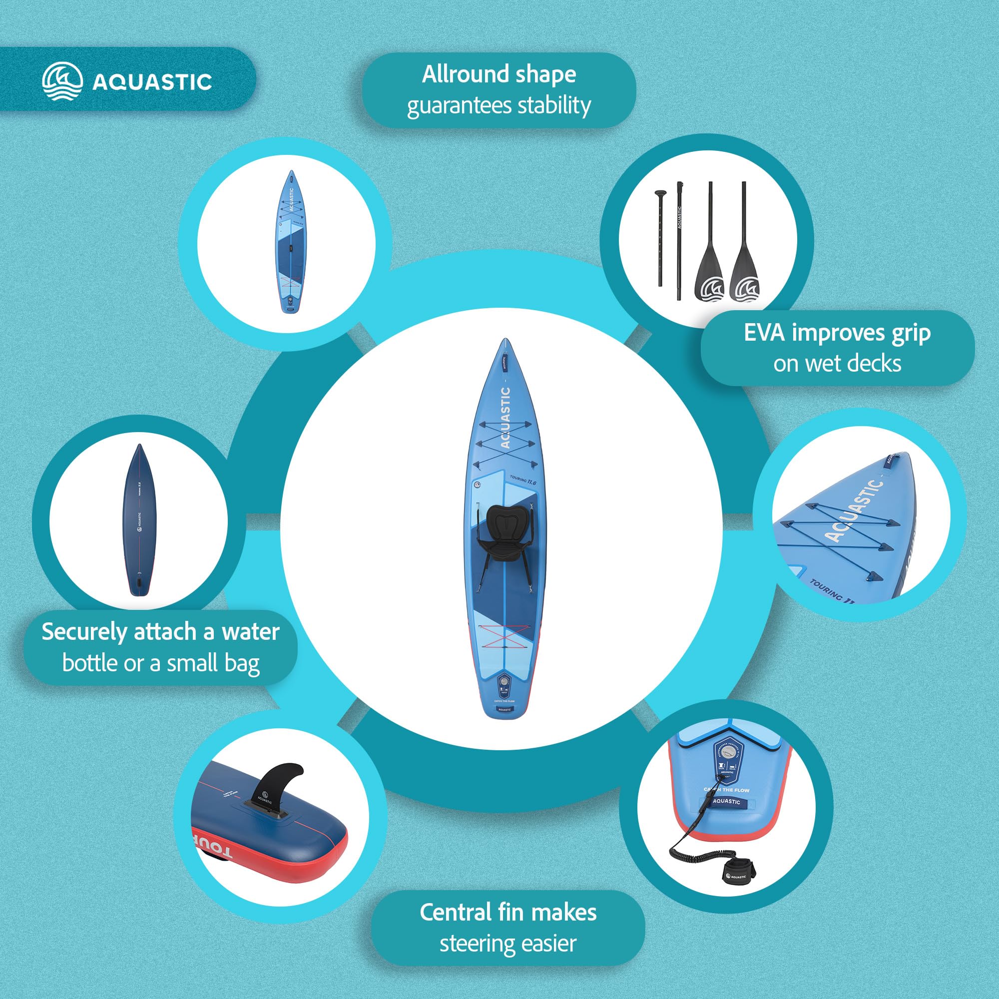 AQUASTIC Touring - Tabla Hinchable, 350 cm, con Asiento de Kayak, Remo, Bomba y Mochila