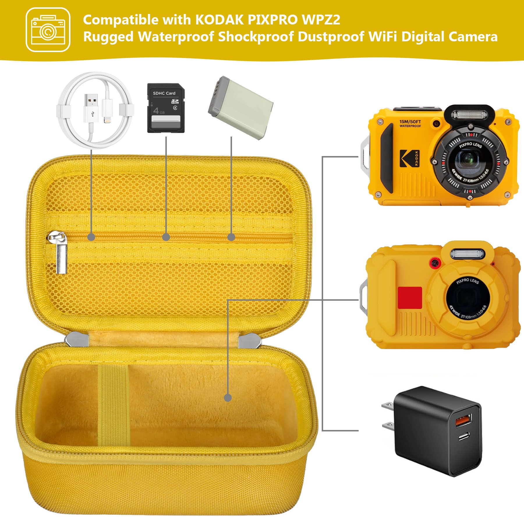 Étui de Protection Dur pour Kodak PIXPRO WPZ2 Robuste imperméable aux Chocs Poussière WiFi Caméra Numérique Jaune