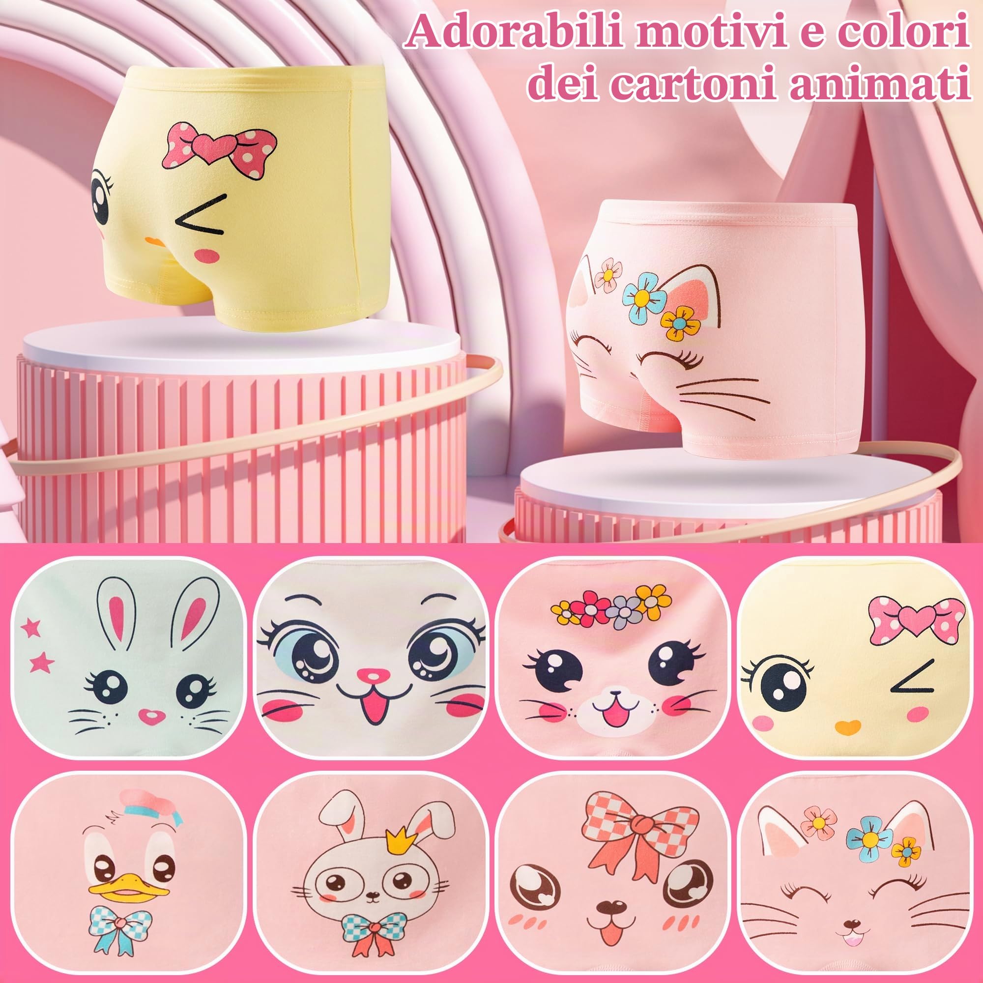 Mutande Ragazza 8 Pezzi Elastico Cotone Mutandine, 1-13 Anni | Animali Stampa Culotte, Bambina Morbido Boxers, Confortevole Biancheria intima, Rosa Intimo, Gatto Coniglio Modello Intimi