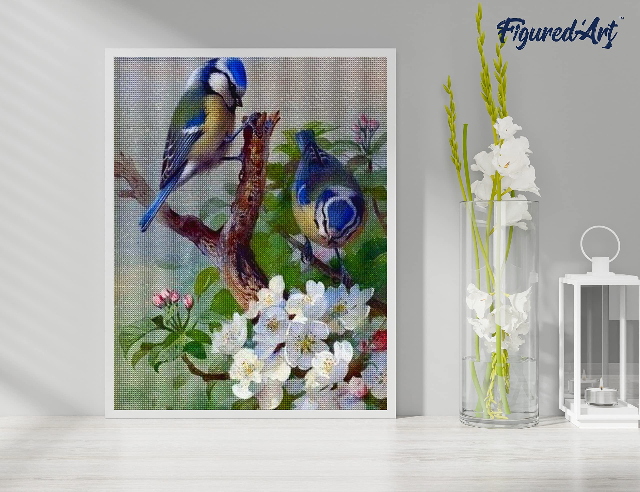 Figured'Art Diamond Painting Kit completo con marco - Cuadro 40x50cm de Pintura de Diamante - Bastidor montado - diamantes de imitación cuadrados - Tetas en rama - 5D DIY Manualidades Adultos