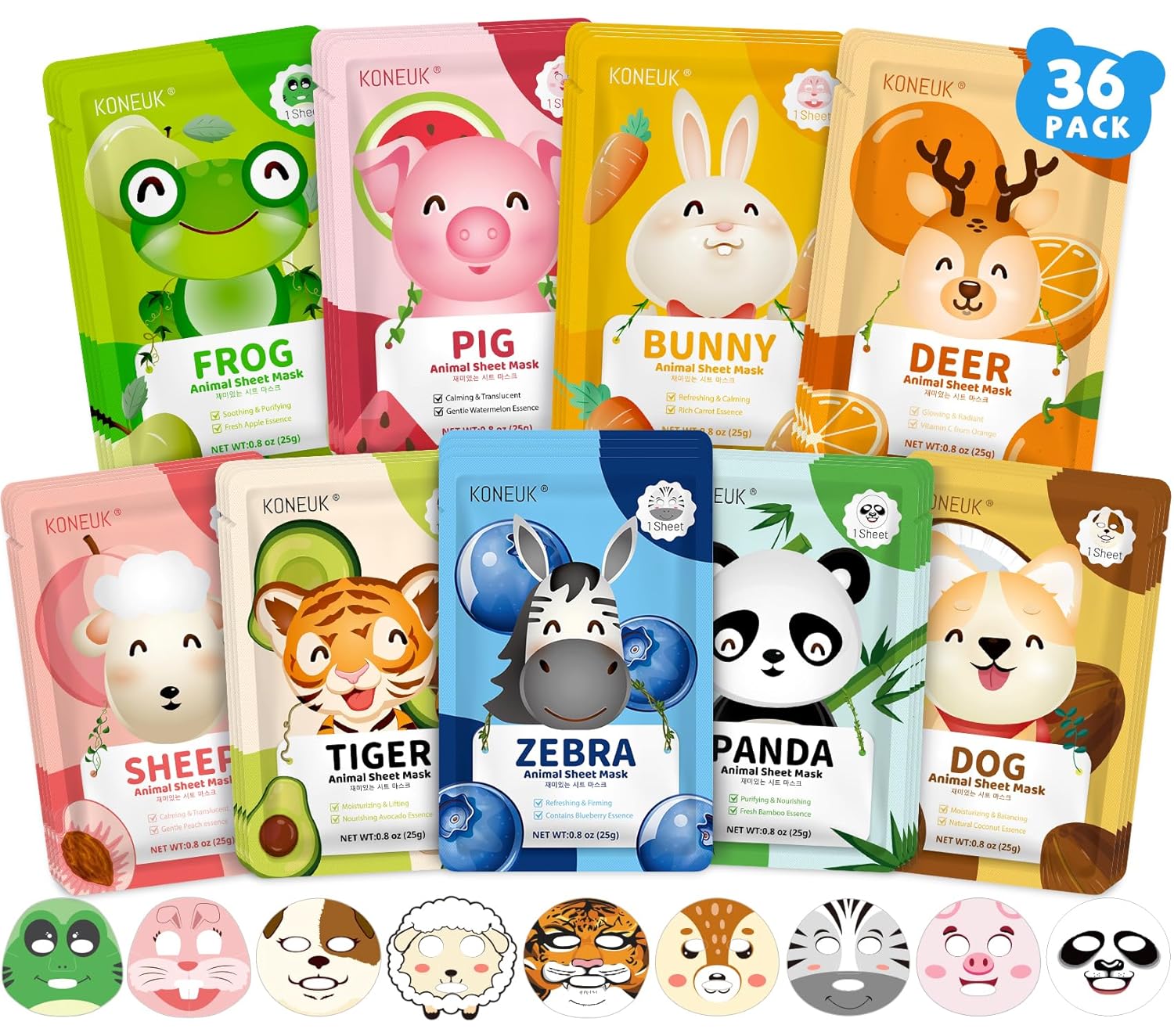 KONEUK 36 Pack Cute Animal Kids Face Mask, Sheet Collagen Moisturizing Face Mask for Girls Teens, Mothers Day Gifts for Mom, Bulk Spa Party Gifts and Birthday Gifts