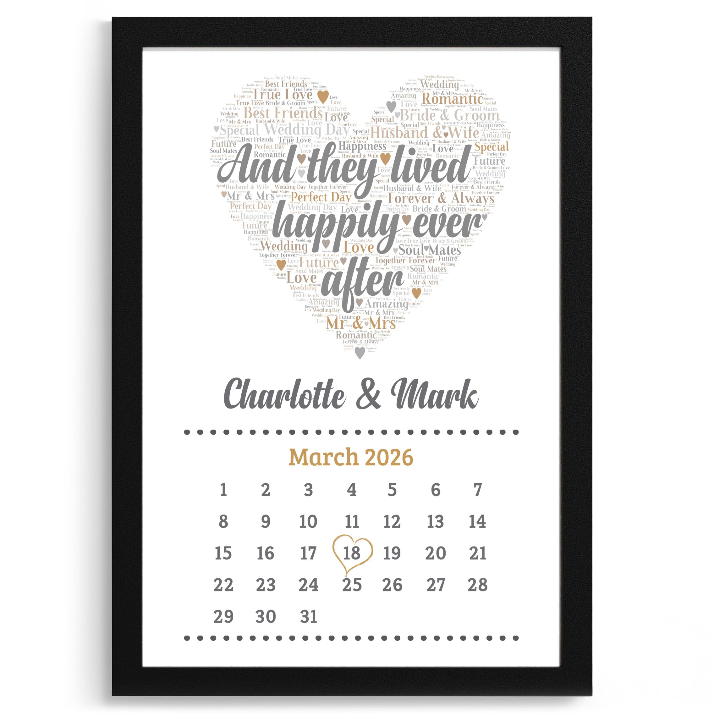 Beecreative Personalised Wedding Gifts for Bride & Groom - Custom Calendar Print with Names and Date of Wedding - Personalised 'And They Lived Happily Ever' Wedding Present Keepsake