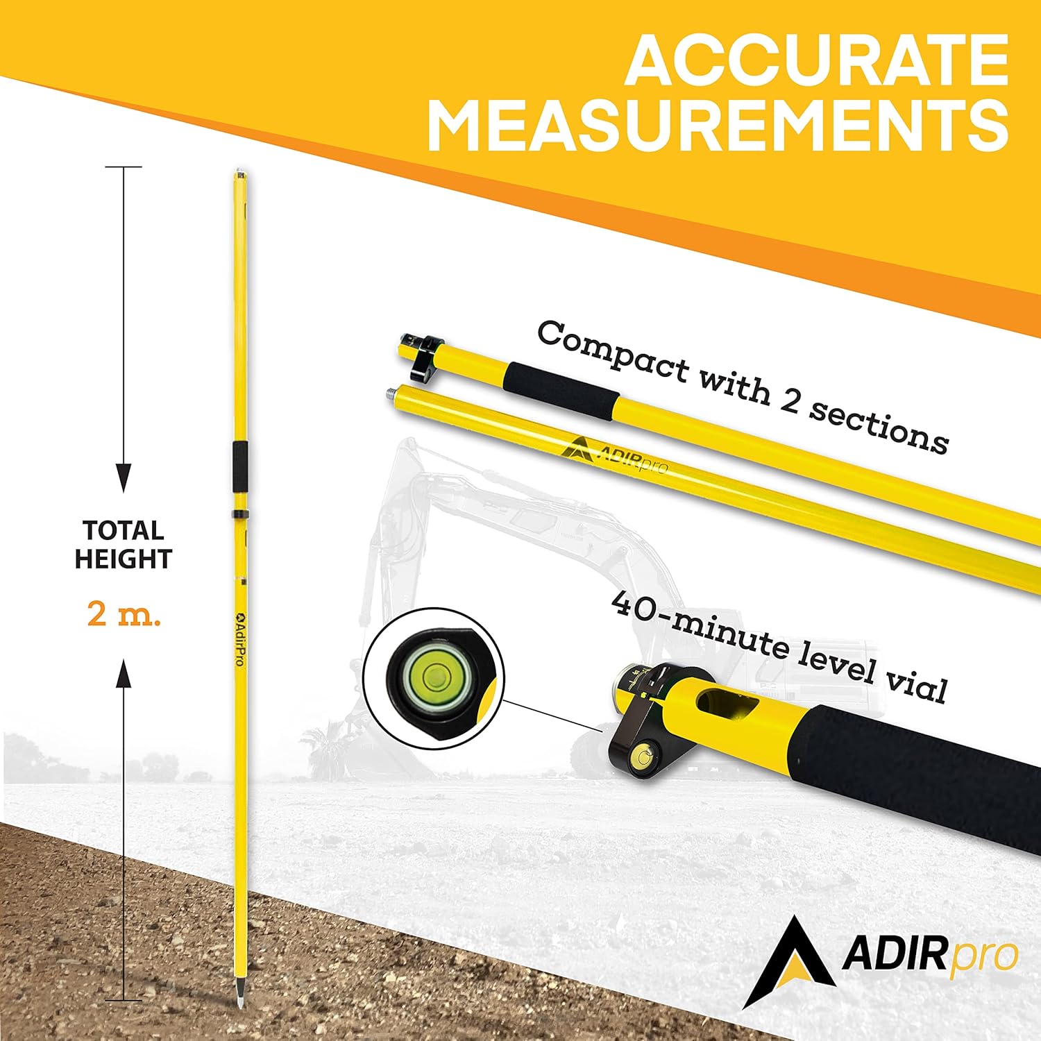 AdirPro Aluminum GPS Rover Rod – 2m 2-Piece Design GPS Pole for Land Surveying & Engineering – RTK GPS/GNSS Accessory – Includes Level Vial & Carrying Case (Yellow)