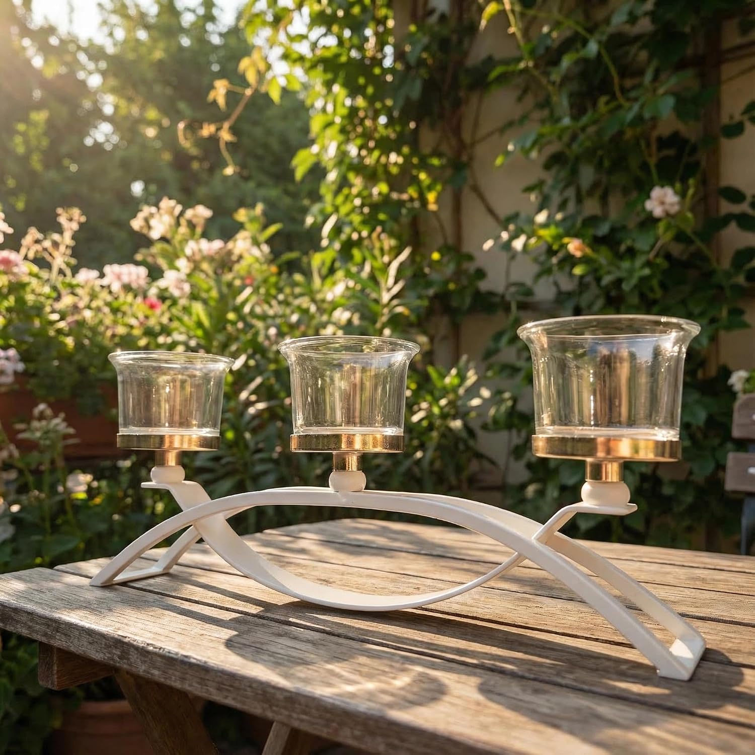 Gold Iron Arch Candle Holder Centerpiece with 3 Glass Votive Cups, 10.6 Inch Table Decoration for Weddings, Dining Room, Kitchen,Arch Table Centerpiece Decorations Long Candle Holder