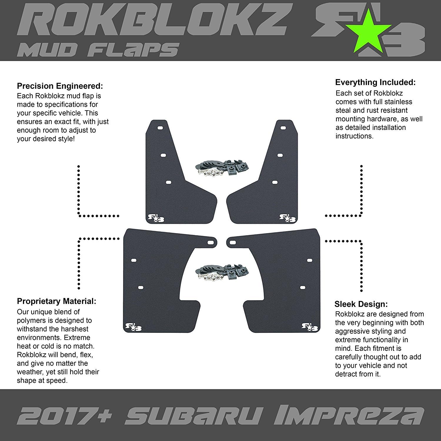 RokBlokz Mud Flaps for 2017-2023 Subaru Impreza - Multiple Colors Available - Set of 4 - Mud Guards are Custom Cut and Fit - Includes All Mounting Hardware (Black with White Logo, Short)