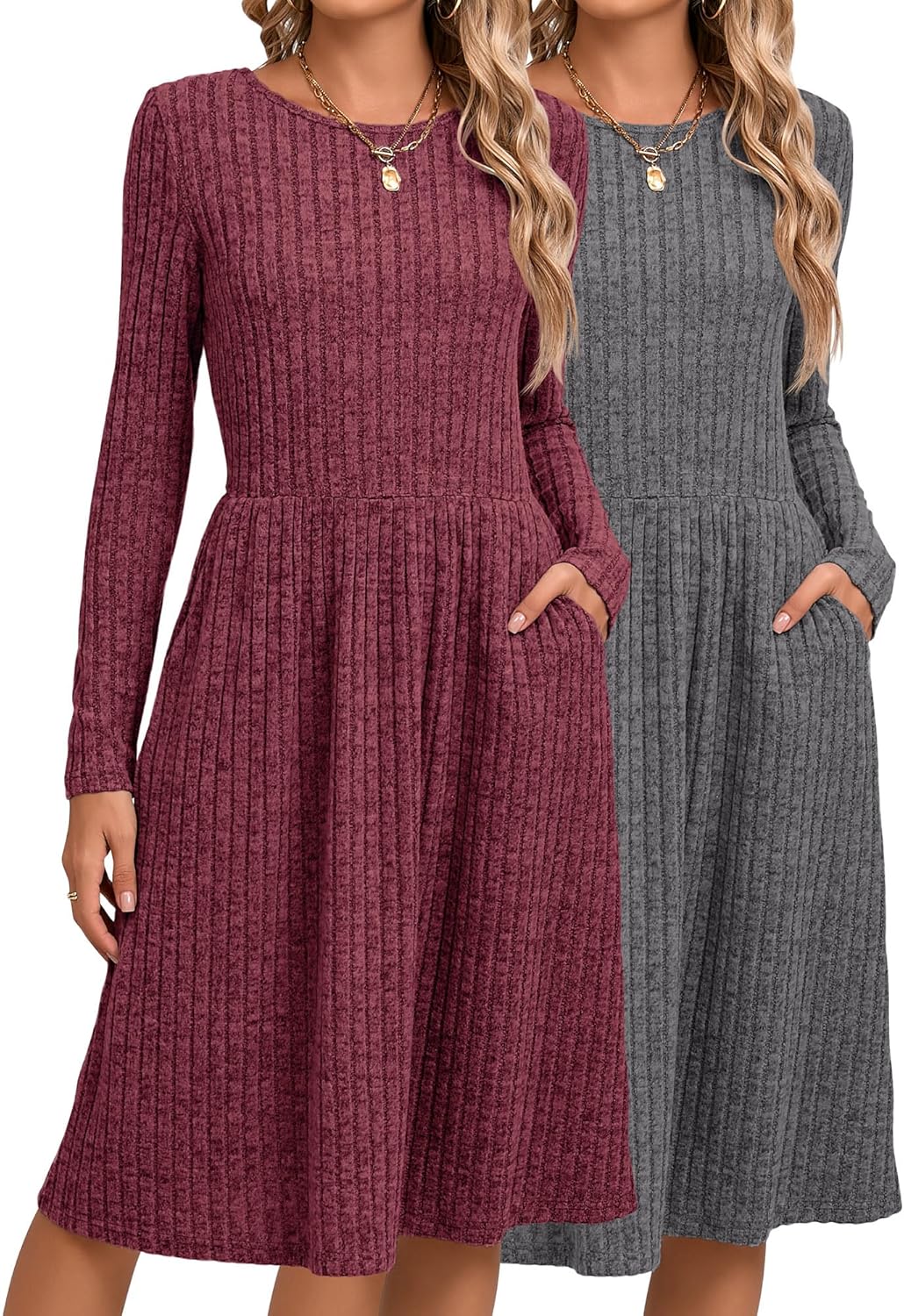 Riyiper 2 Pack Women’s Long Sleeve Sweater Dress Ribbed Pleated Casual Round Neck Knee Length Dress with Pocket