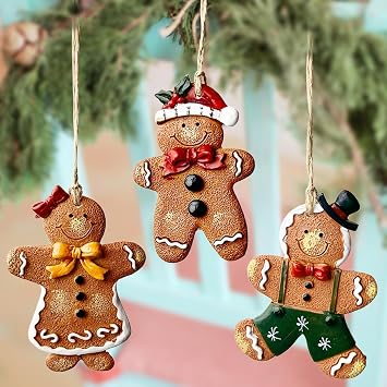 Gingerbread Christmas Decorations 3pcs Resin Hanging Xmas Ornaments Christmas Tree Decorations for Winter, New Year Party Supplies, Wedding Home Kitchen Decor 3.5 Inch Tall