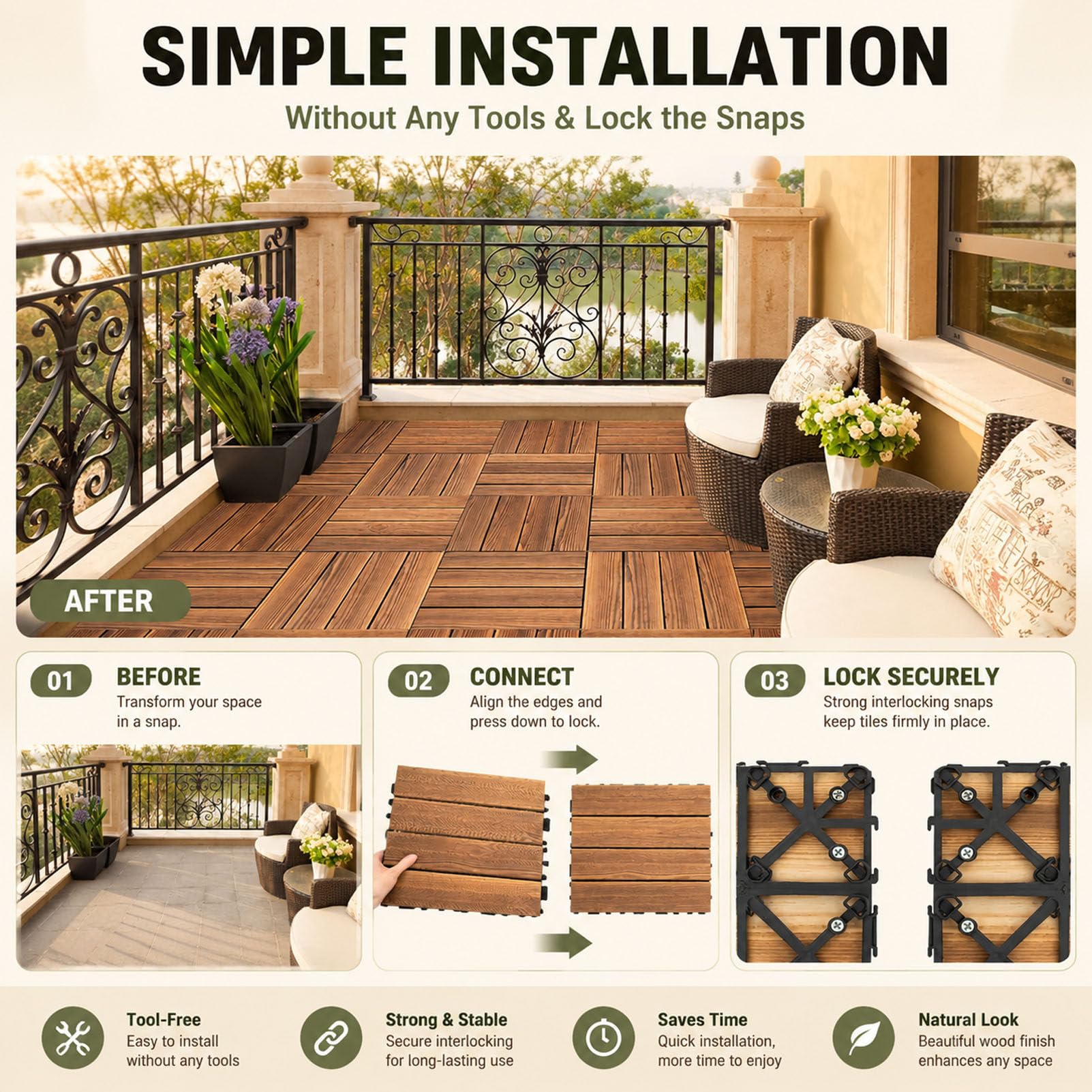 Piastrelle per pavimentazione in Legno di Acacia con Base in PE 12-Slat-33pc | Pavimentazione a incastro 30x30 cm con sistema "click"; piastrelle in legno antiscivolo per esterni (giardini e terrazzi)