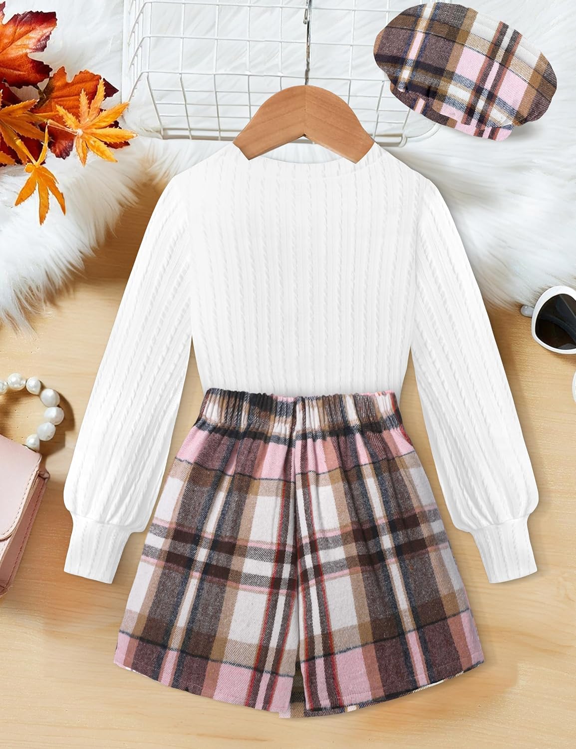 Girls Clothes Skirt Sets V-neck Jacquard Puff Sleeve Shirts Top Plaid Mini Skirt Shorts Girls Outfits with Beret 7-14Y - Image 5