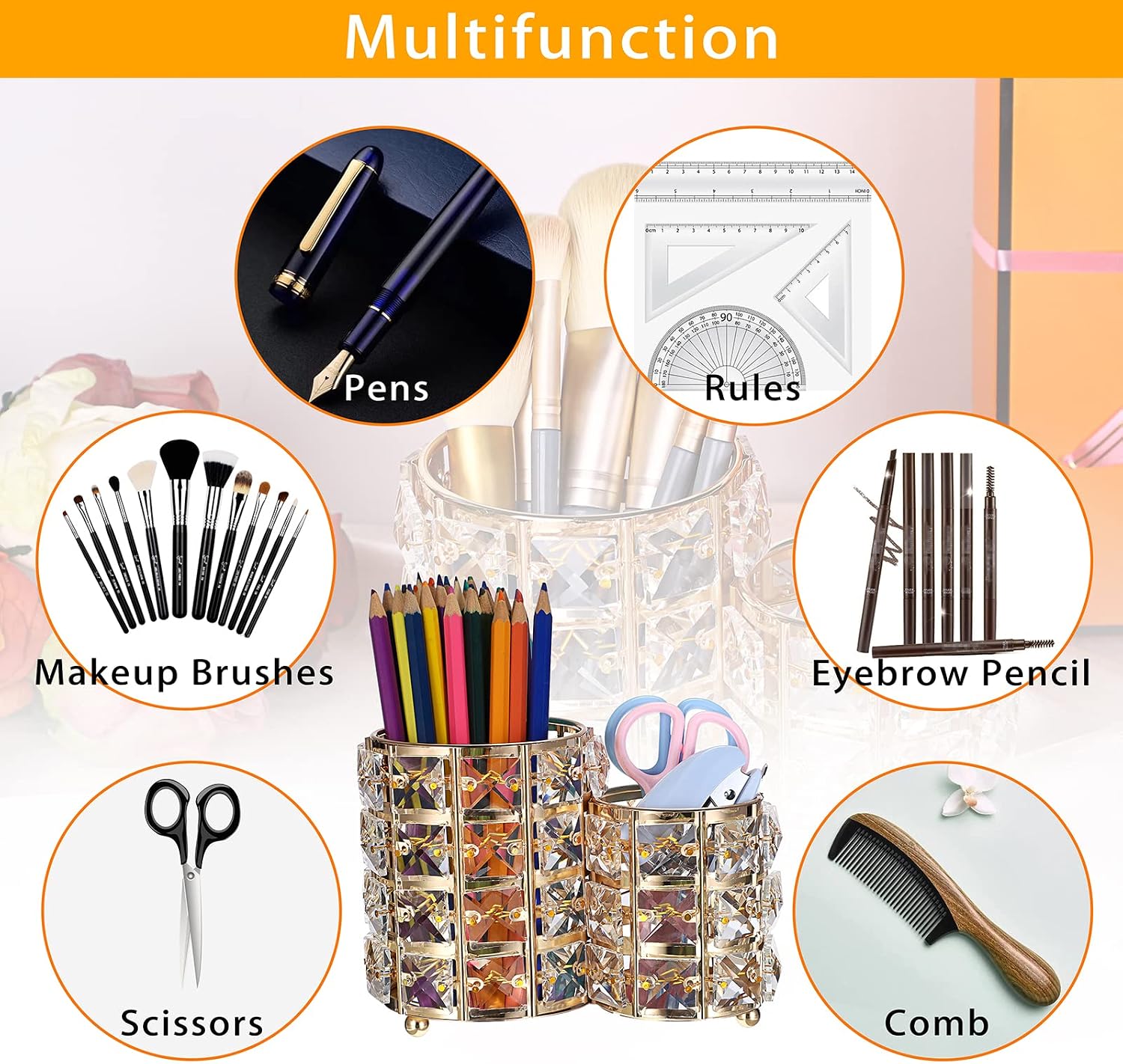 Hipiwe Makeup Brush Holder Gold Bling Crystal Makeup Brush Organizer Round Remote Control Holder Cosmetic Brush Tools Comb Pen Pencil Storage Pot Cup for Vanity, Office, Home Decor, 2-Slot