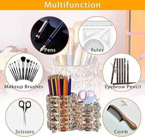 Miniatura 7 de Hipiwe Soporte para brochas de maquillaje, organizador de brochas de maquillaje de cristal dorado brillante, soporte redondo para control remoto,