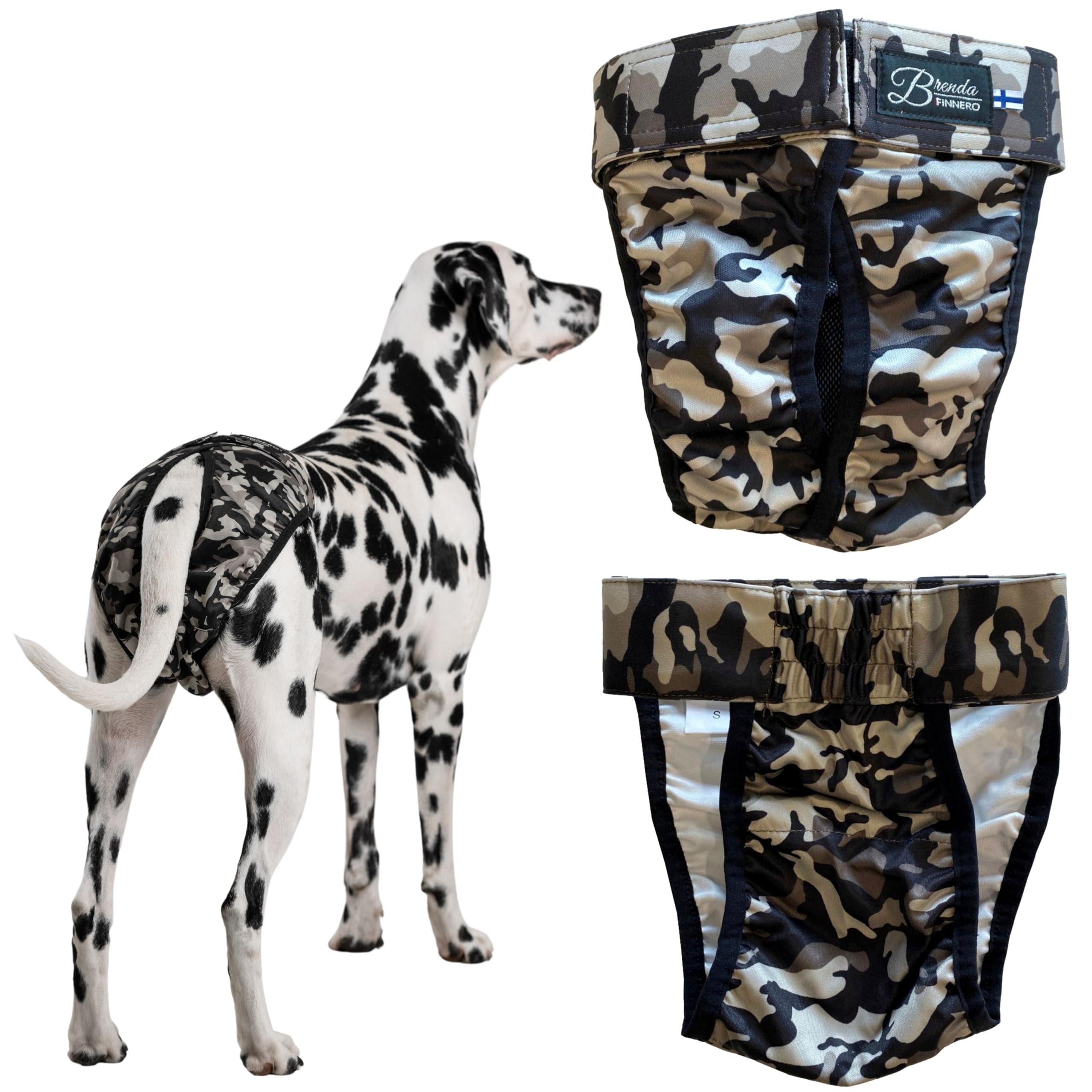 FINNERO Brenda Reusable Dog Diaper, Leak-Proof, Adjustable, Heat & Incontinence Protection, S – Camo