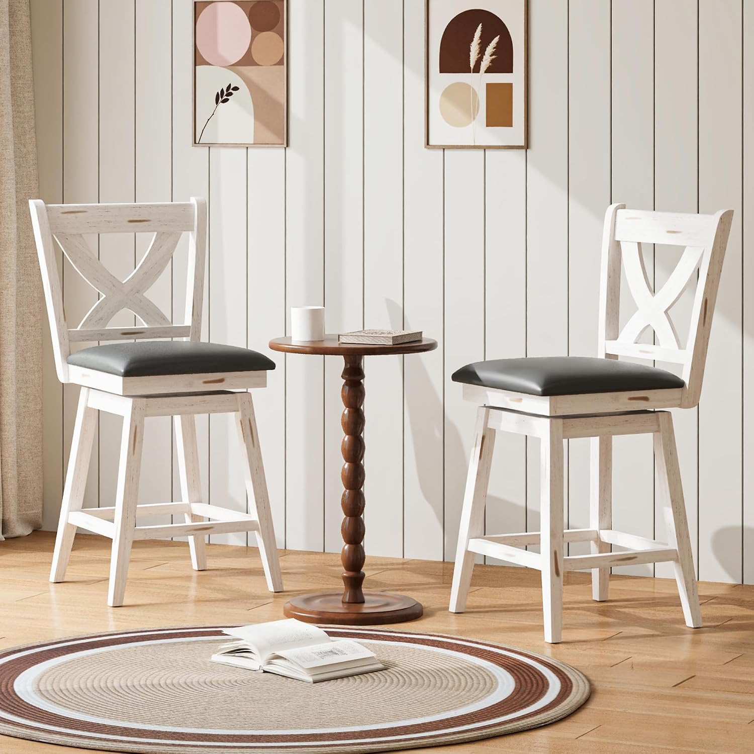MU Swivel Barstools Set of 4, 24" Counter Height Kitchen Island Chairs with Back, Upholstered Seat Bar Stool with Solid Wood Legs & Footrest, Counter Stools for Pub, Bar, Restaurant (Antique White)
