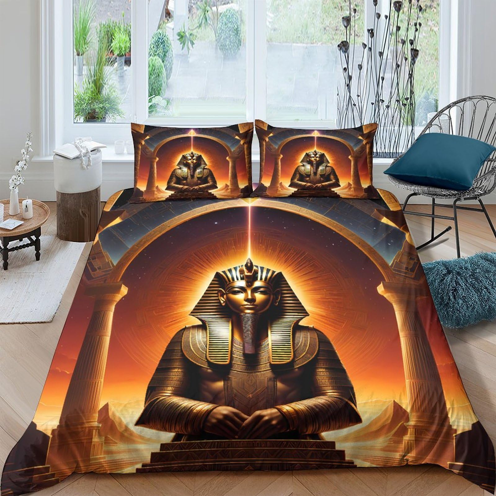Ctjqhvkz Style-8 3D Printed Egyptian Pharaoh Fitted Sheet Microfiber Golden Sphinx Bed Cover Slip Resistant Bedroom Decor Single（135X200cm）