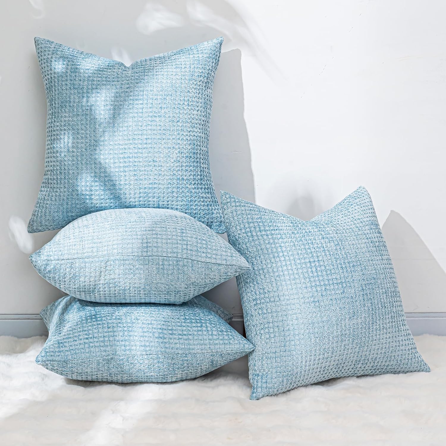 Pack of 4 Throw Pillow Covers 18x18 inch Light Blue Boho Cushion Covers Decorative Farmhouse Pillow Covers for Couch Bed Sofa Living Room Home Decor Soft Square Pillowcase