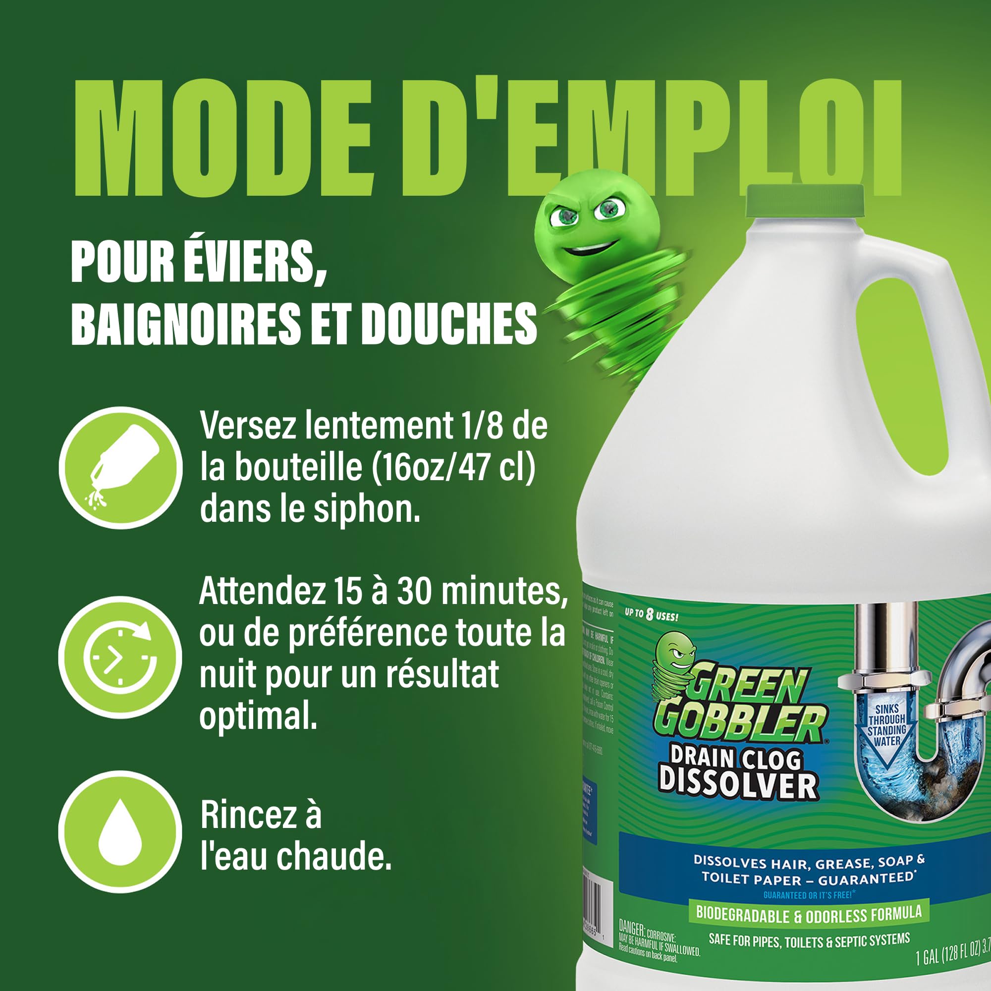 Green Gobbler Déboucheur de Canalisations, 3,8 L | Dissout les Cheveux et les Matières Organiques des Toilettes, Eviers et Drainages Bouchés