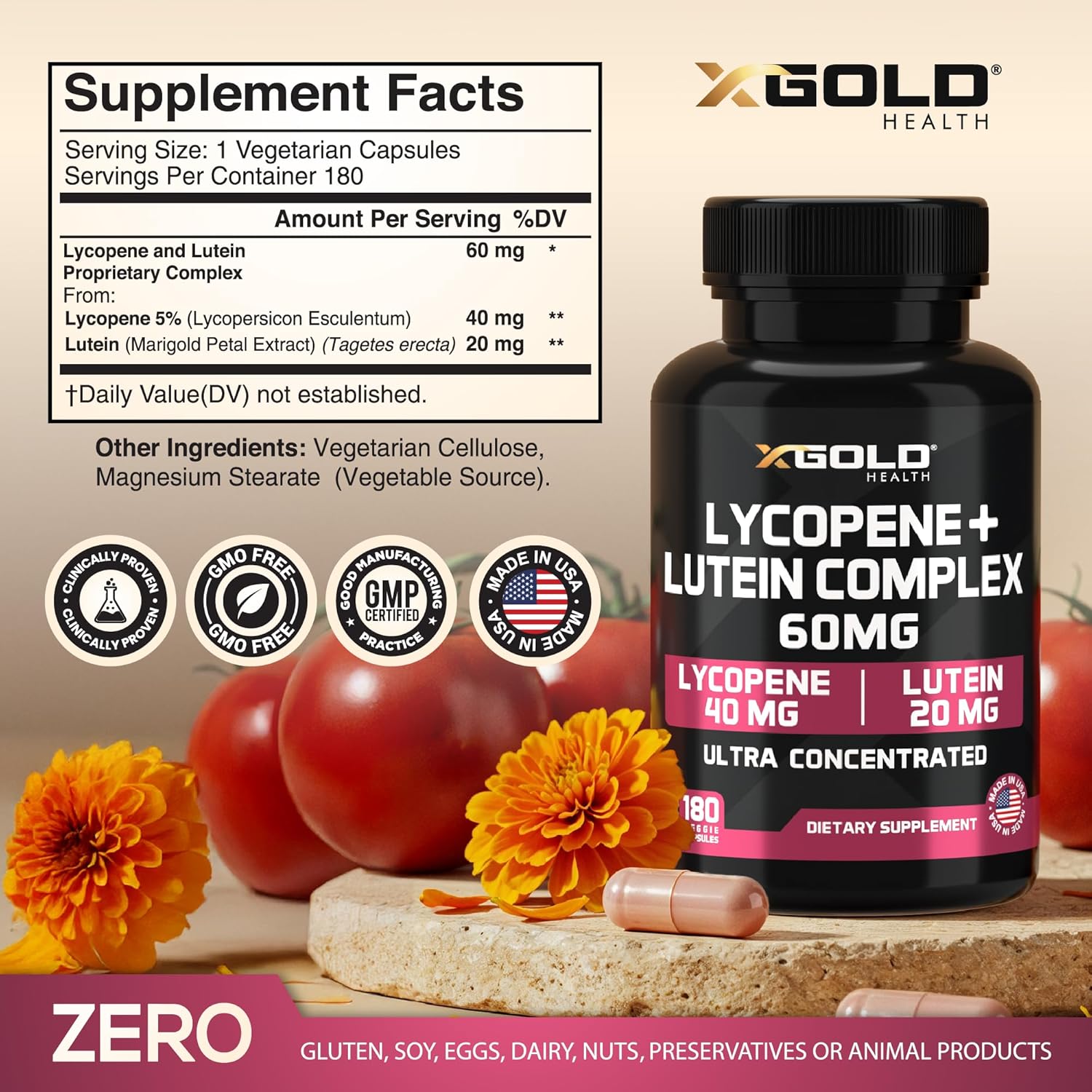 Lycopene + Lutein 60mg Supplement | Eye Health & Vision Support | Antioxidant for Healthy Eyes & Skin | Non-GMO, Gluten Free | 180 Vegetarian Capsules | Made in USA - Image 2