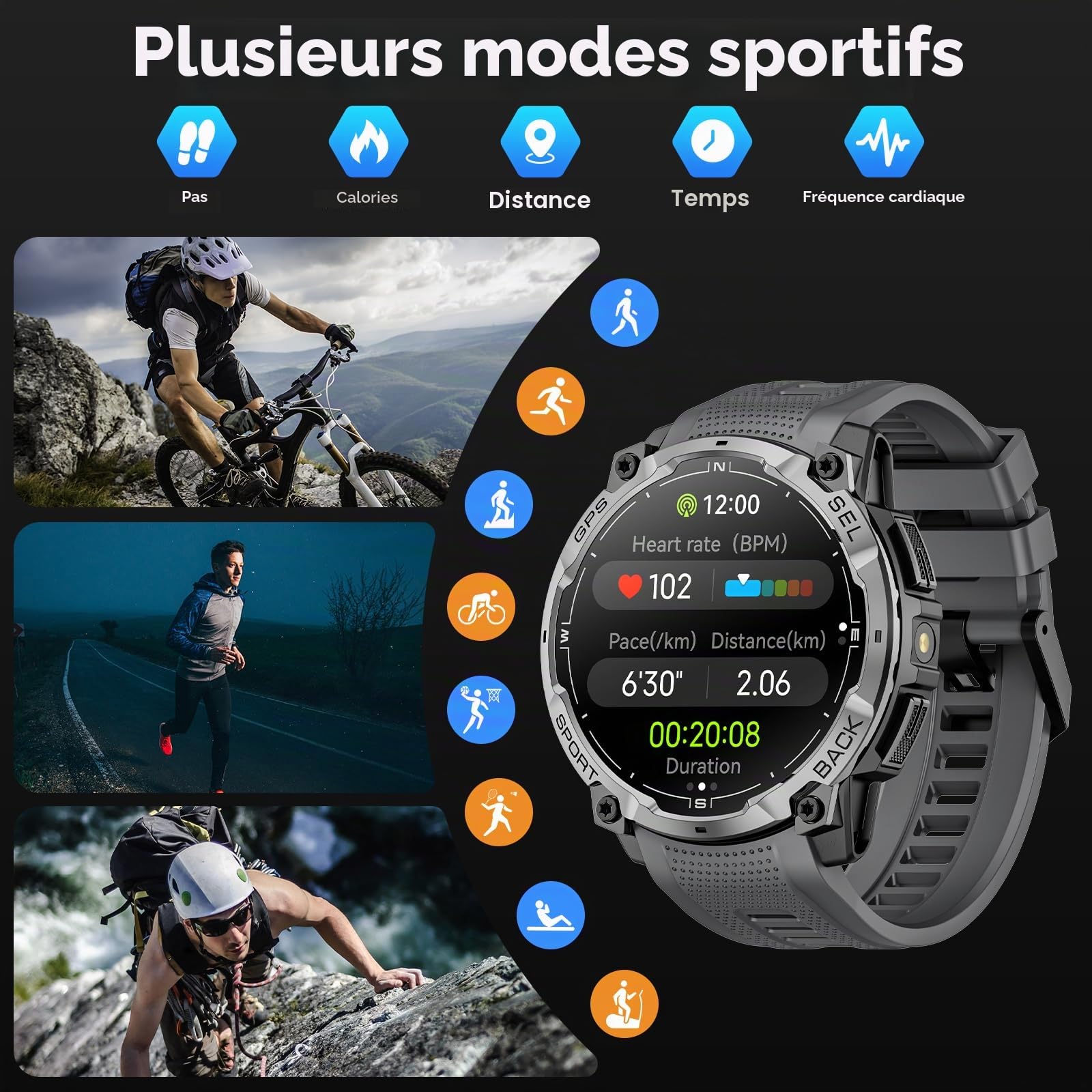 Montre Connectée Homme GPS Militaire, 1,43" AMOLED HD Smartwatch Homme avec Appel Bluetooth, Lampe LED, Boussole, 100+ Modes Sportifs, Fréquence Cardiaque, Montre Sport pour Android iOS (Noir)