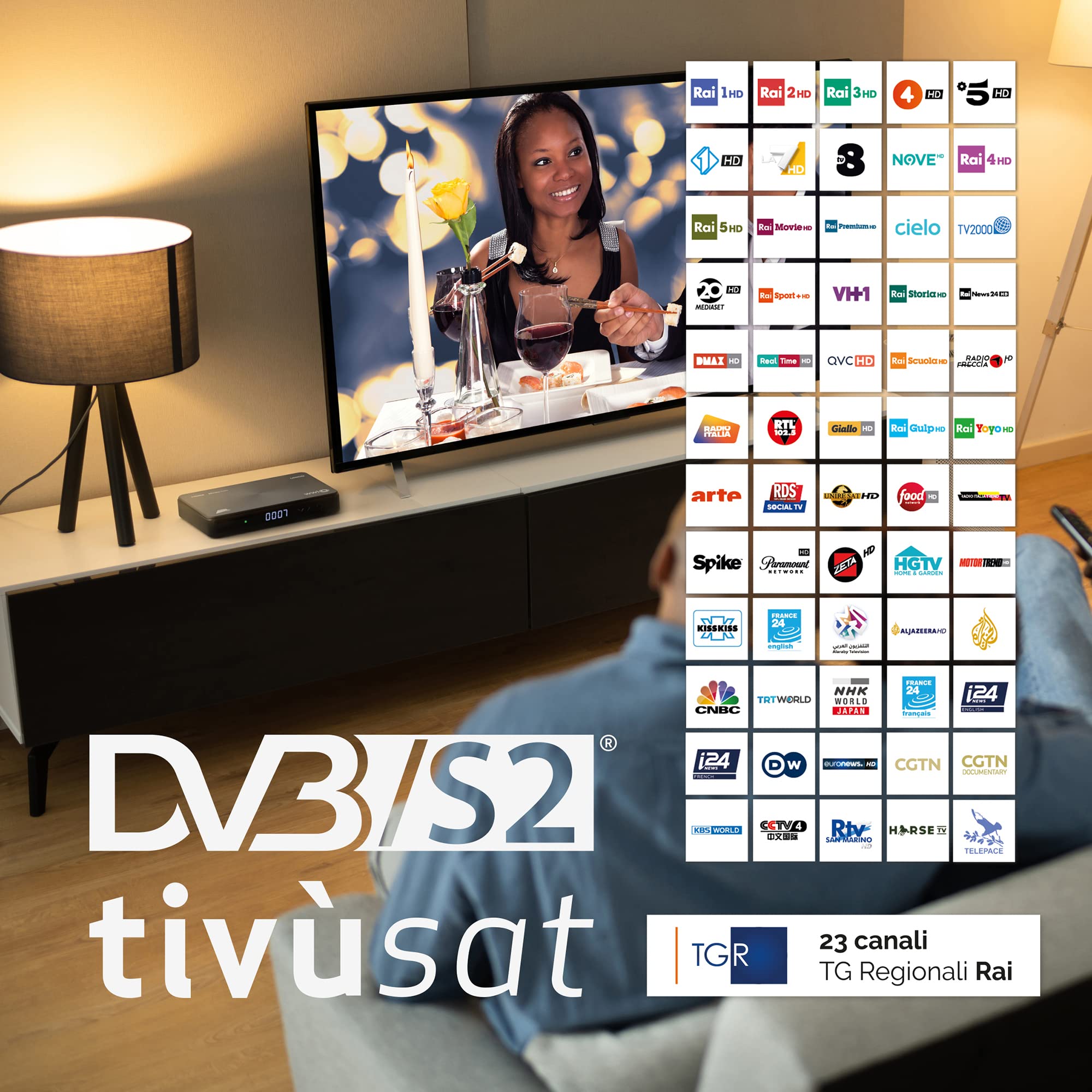 Decoder Ricevitore Digitale Satellitare 12 Volt HDMI e Scart Certificato Tivusat HD WWIO UNICO DVB-S2 Con Card Tvsat Inclusa e Telecomando 2 in 1 Nero
