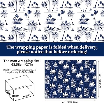 MORAINJAY 12 Sheets Nautical Wrapping Paper, Anchors Ships Gift Wrap, Maritime Gift Wrap Birthday, Wrapping Paper for Father Day, for Men Baby Shower Sailing Decorations 68x50cm