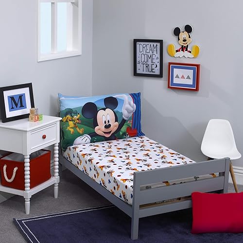 Miniatura 1 de Disney Mickey Mouse - Juego de sábanas de 2 piezas para niño pequeño, azul, rojo, amarillo con sábana bajera ajustable para cuna y funda de almohada