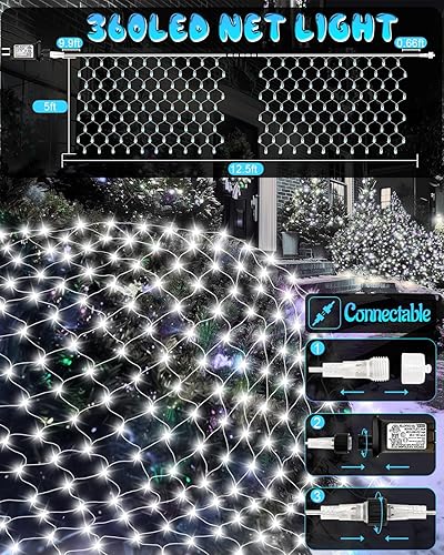 Miniatura 3 de Coroor Luces de red de Navidad de 12 x 5 pies, 360 luces LED con 8 modos, conectables, temporizador, malla impermeable al aire libre para decoración
