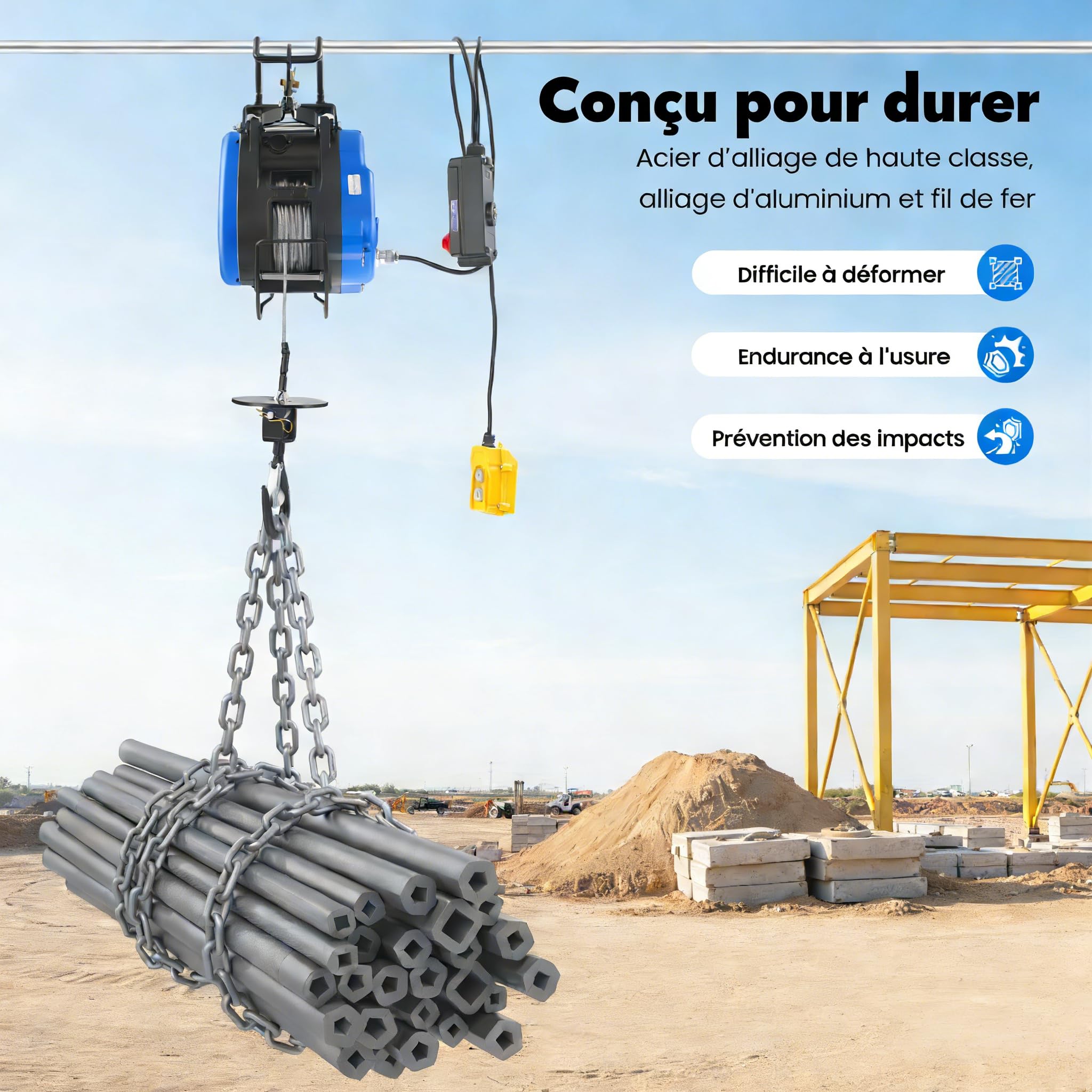 Palan Électrique Mobile Treuil électrique 220V 250kg 19m/min Télécommande sans Fil (100m) avec Pile Poignée de commande à câble 1500W 29m- hauteur de levage 30m-câble métallique limiteur