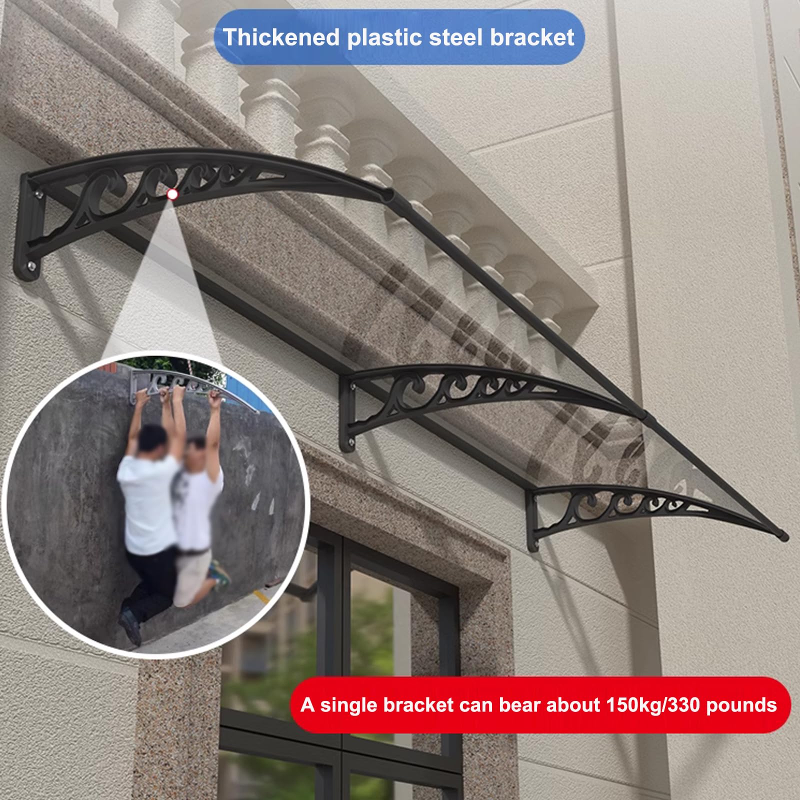Pensilina Tettoia per Finestra,Pensilina Ingresso Trasparente,Tettoia per Porta Curva,Pensilina Copriporta,Tende da Sole,Pioggia UV Neve Protezione,Con Staffa,per Esterno (60x150cm/24"x59",Black)
