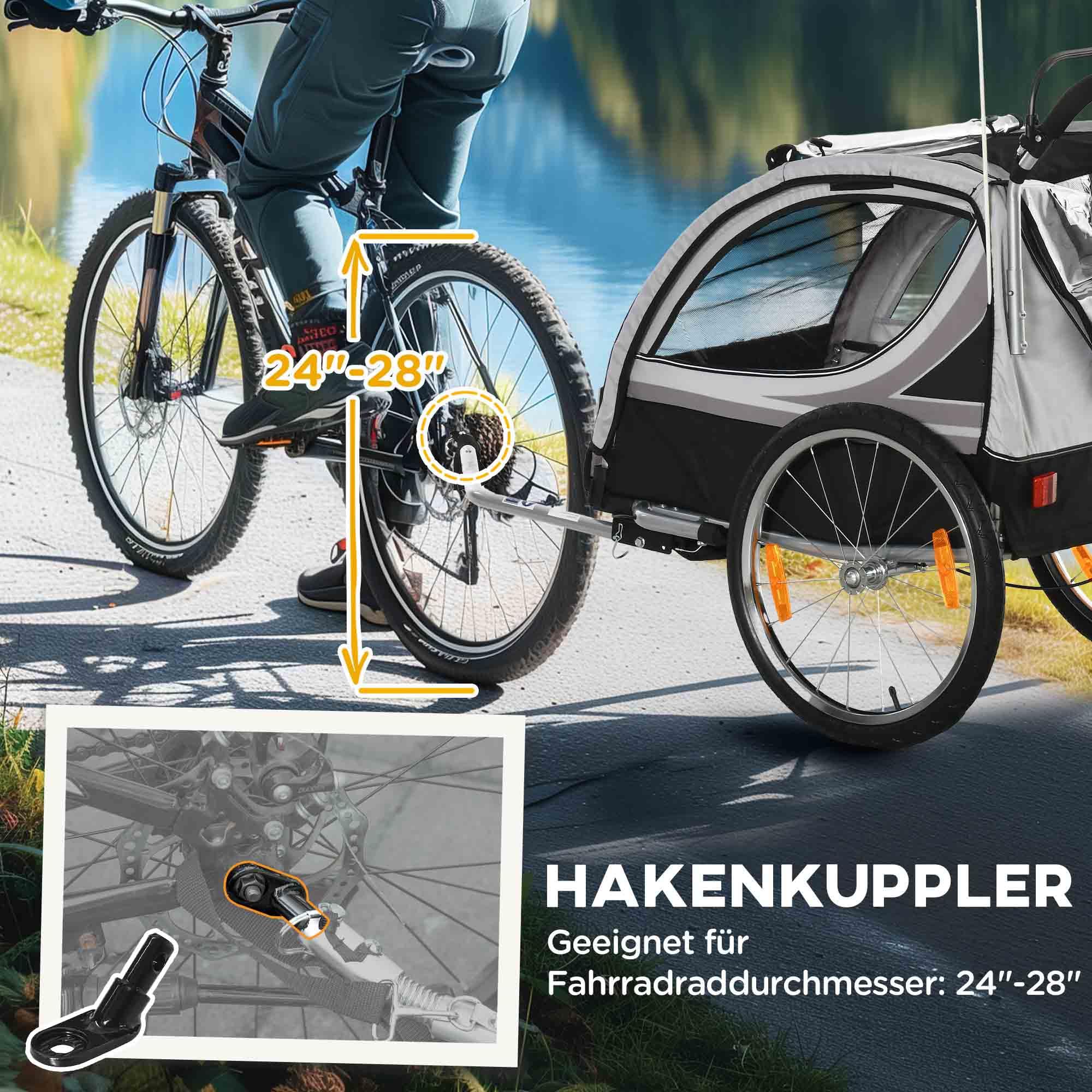 HOMCOM 2 in 1 Kinderfahrradanhänger mit Mesh-Tür, 360° Drehbares Vorderrad, Buggy mit Bremse, 142 x 75 x 101 cm