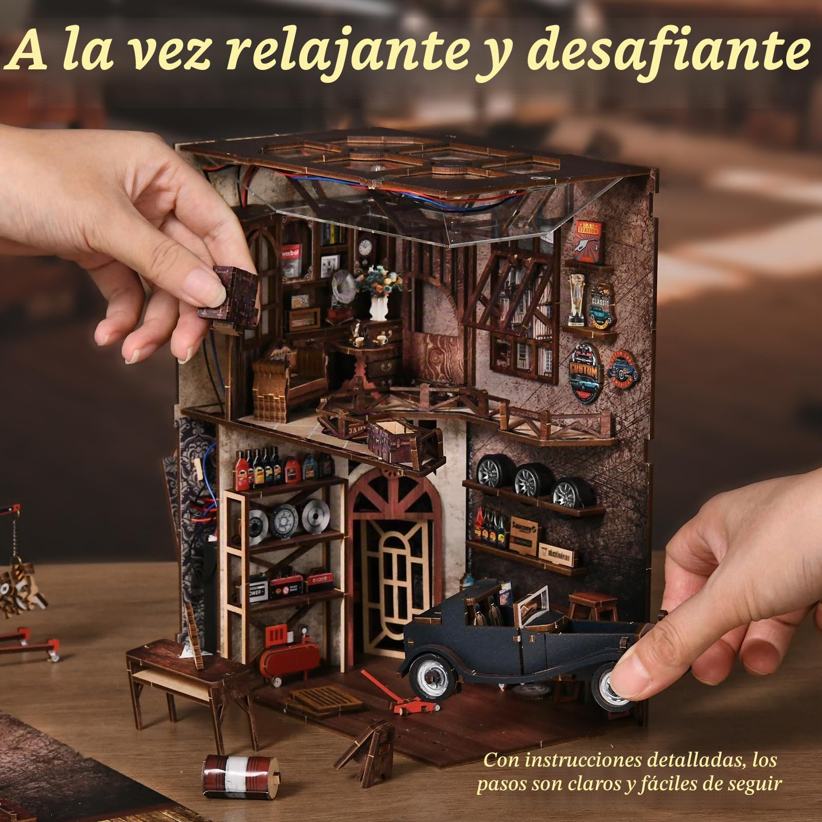 Kit Book Nook para niños y Adultos, Modelo de Taller de reparación Artesanal con Estilo mecánico,Miniatura Puzzle 3D de Madera con Luz LED,Creativa Decoración Hogareña y Regalo Original