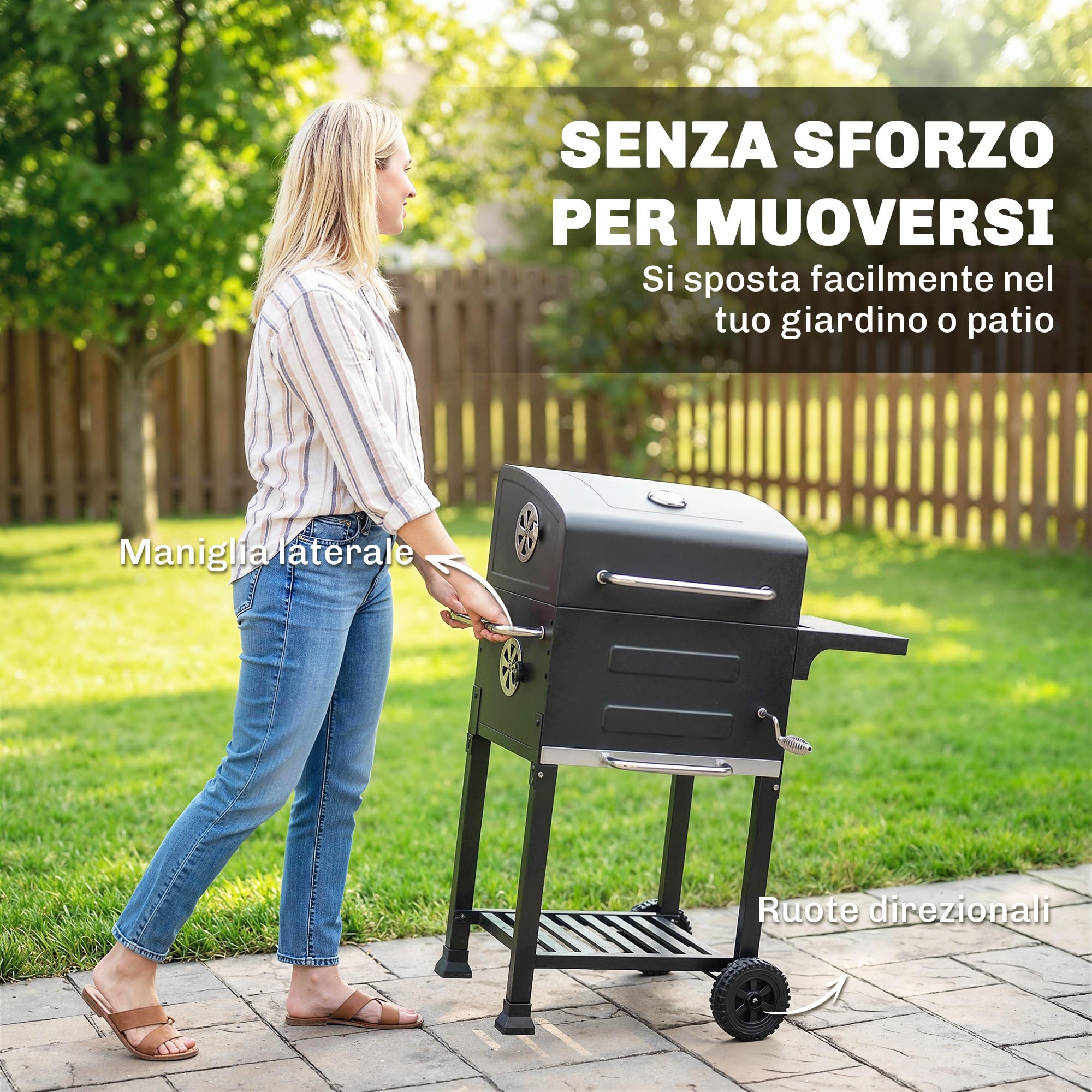 Outsunny Barbecue Carbonella Stretto z Rusztem, Regulowany Nawiew, Wózek BBQ z Pokrywą, Stal, Półka, Termometr, Popielnik, Czarny