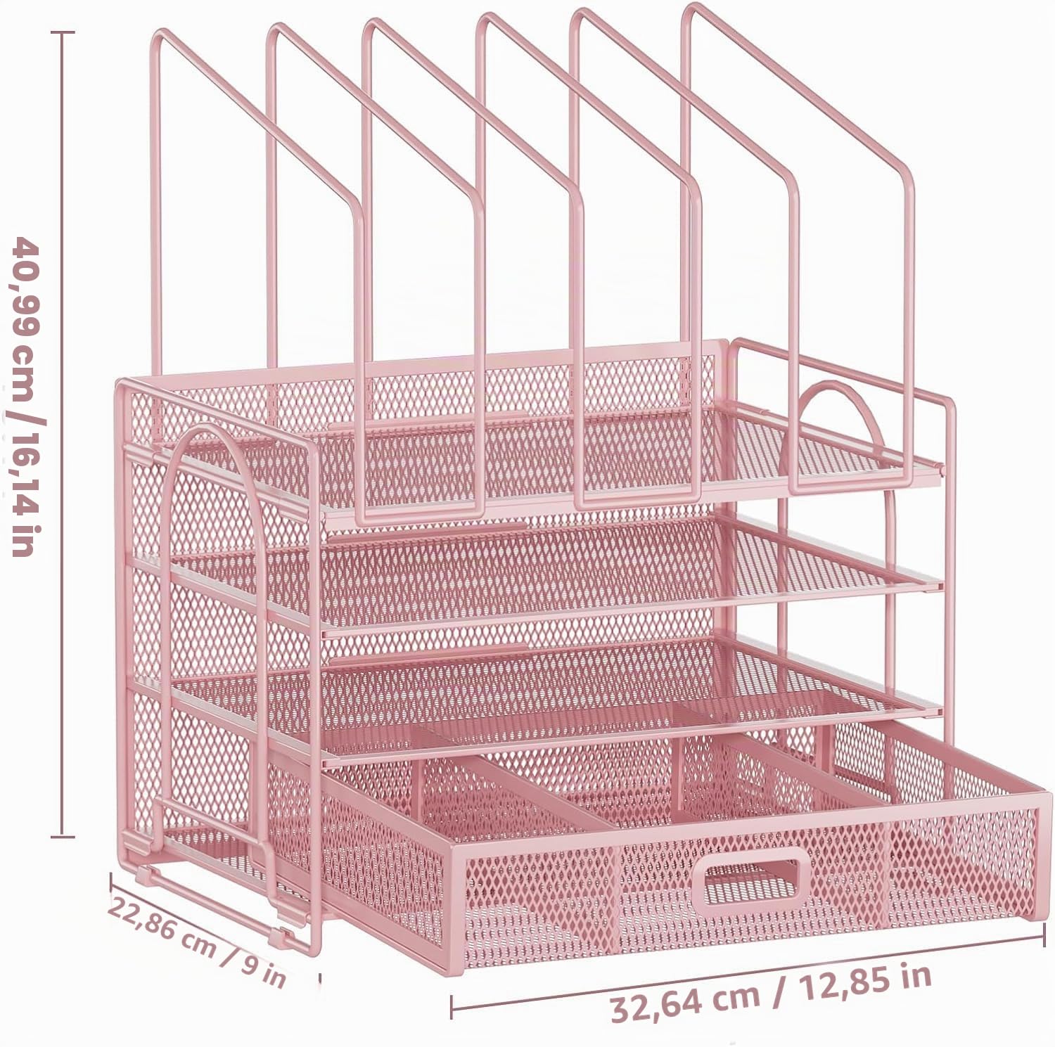Marbrasse Organisateur de Bureau Tiroir,4 Niveaux,5 Porte Documents Verticaux,2 Porte Stylos,Organisateur Rangement Bureau Maille pour Fournitures à Dom (Rose Vertical)
