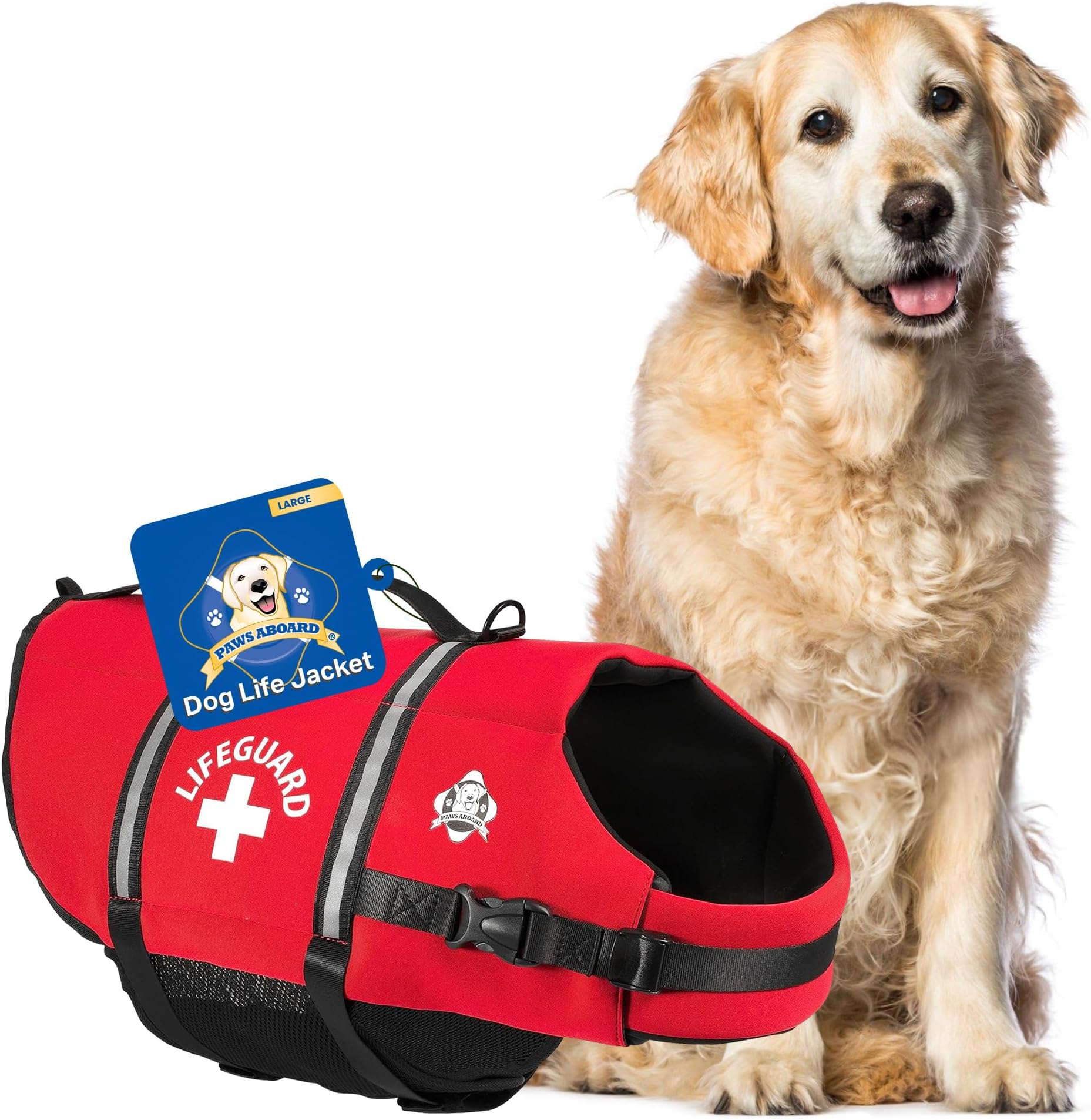 Paws Aboard Dog Life Jacket - Keep Your Canine Safe with a Neoprene Life Vest for Swimming and Boating - Available in Different Sizes, Color and Design to Choose - Red, Large