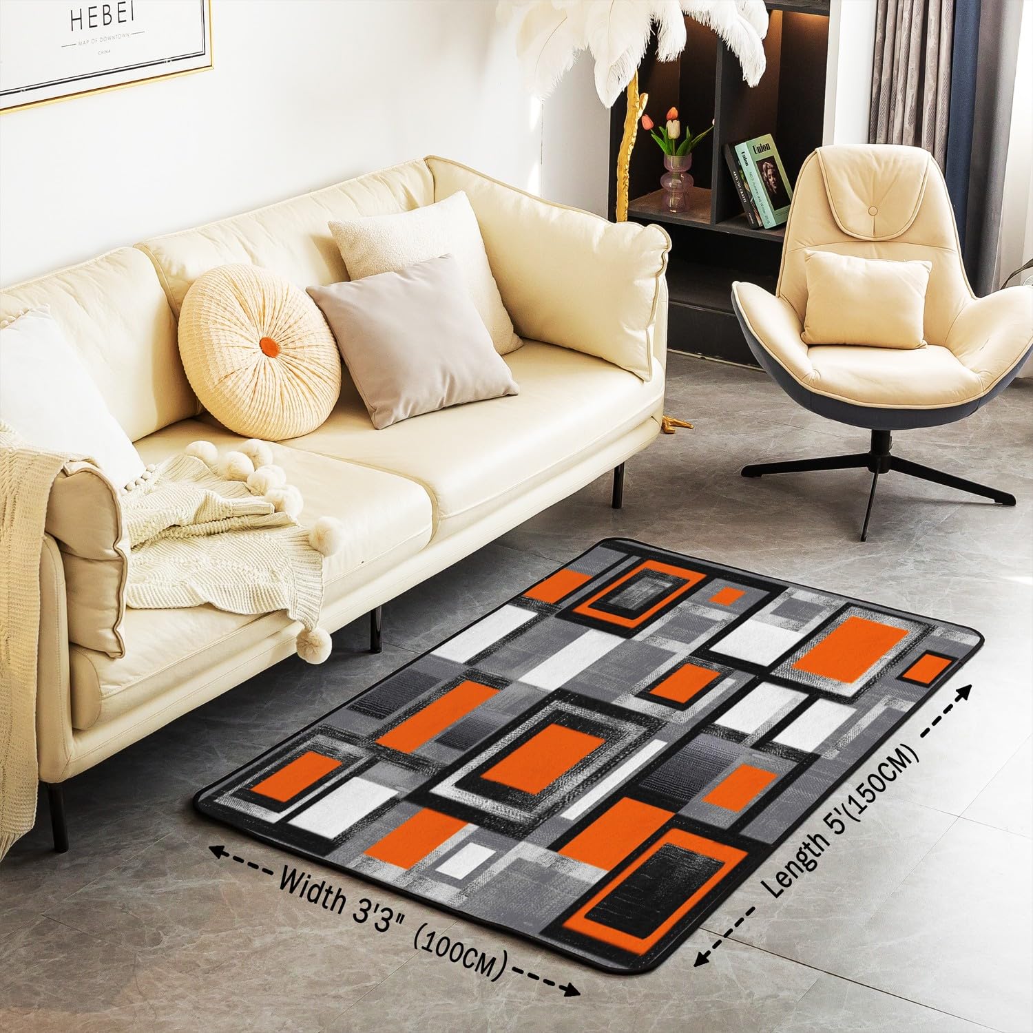 Loussiesd Geometric Living Room Rugs Area Rug 150x200cmOrange Grey Black Accent Rug for Buffalo Check Indoor Floor Mat Non-slip Modern Abstract Art Rug - Image 3