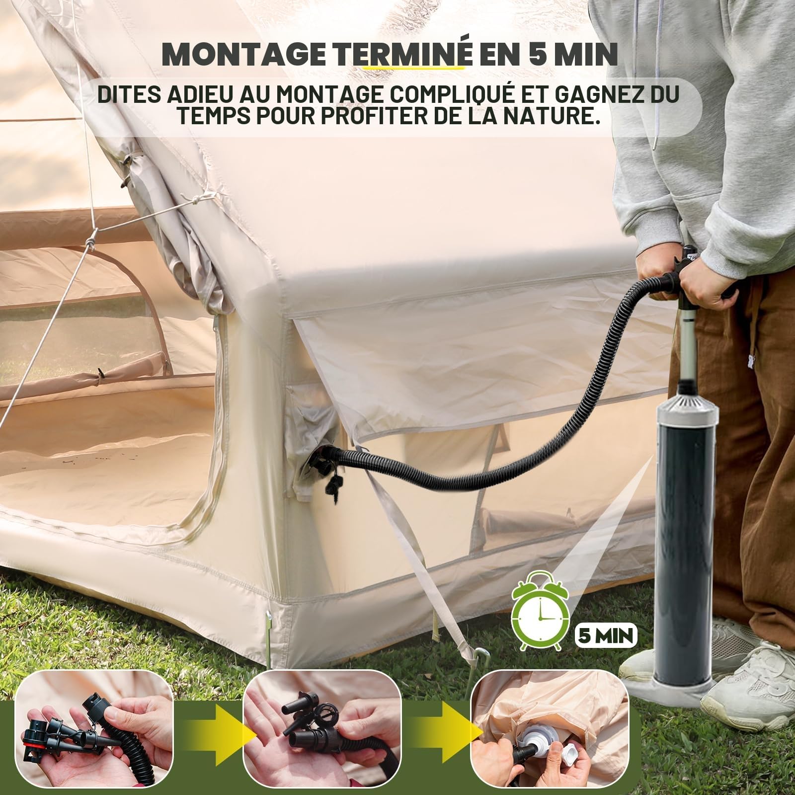 Tente de camping gonflable avec ouverture de cheminée et fenêtre de toit, tente d'extérieur pour 2 à 8 personnes avec pompe à air, tente gonflable en tissu Oxford imperméable pour 4 saisons, montage