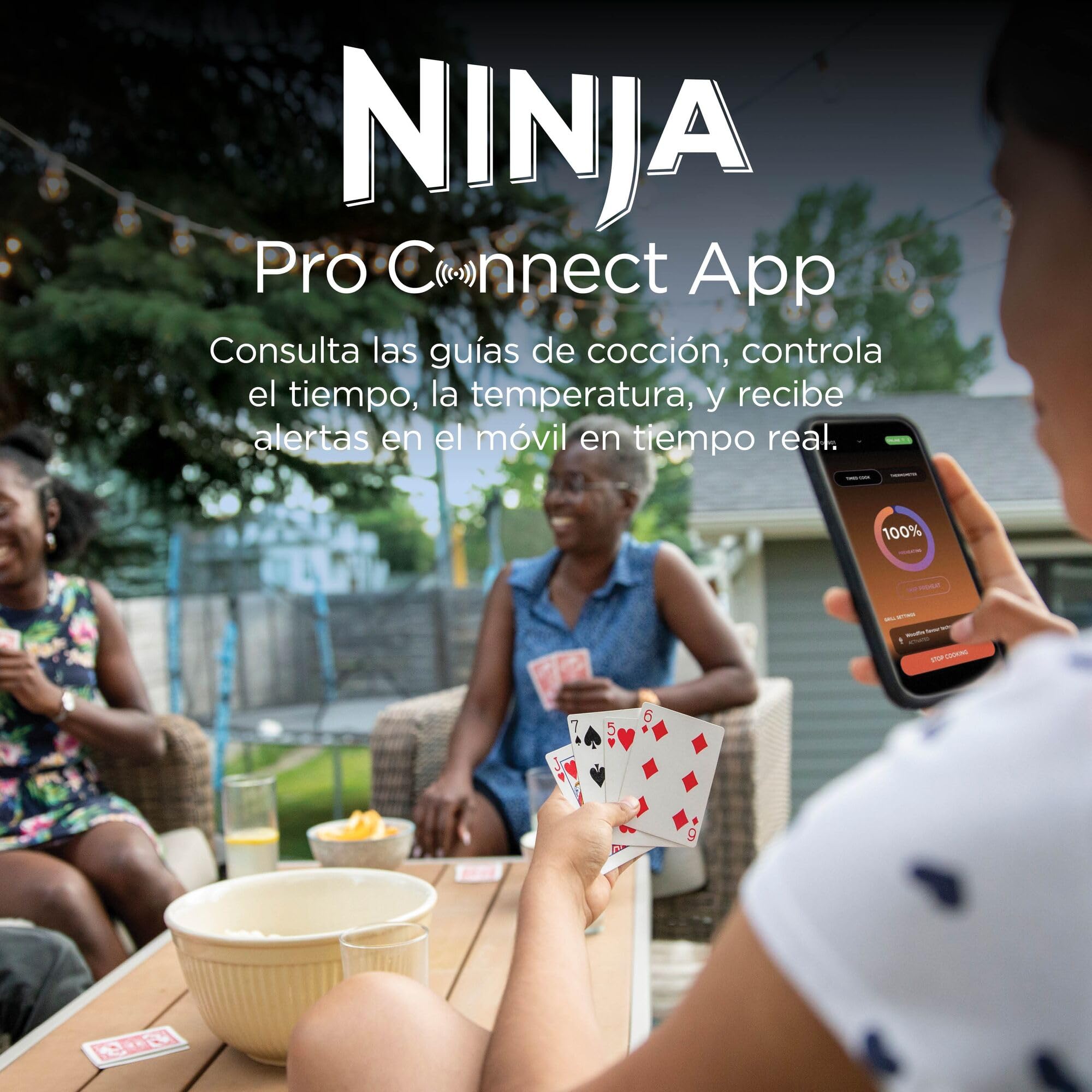 Ninja Woodfire Pro Connect XL Parrilla Eléctrica de Exterior y Freidora de Aire 7 en 1 - Control mediante App y 2 Sondas Digitales - Soporte para Costillas, Funda y Cepillo - Azul y Negro, OG901EUAMZ