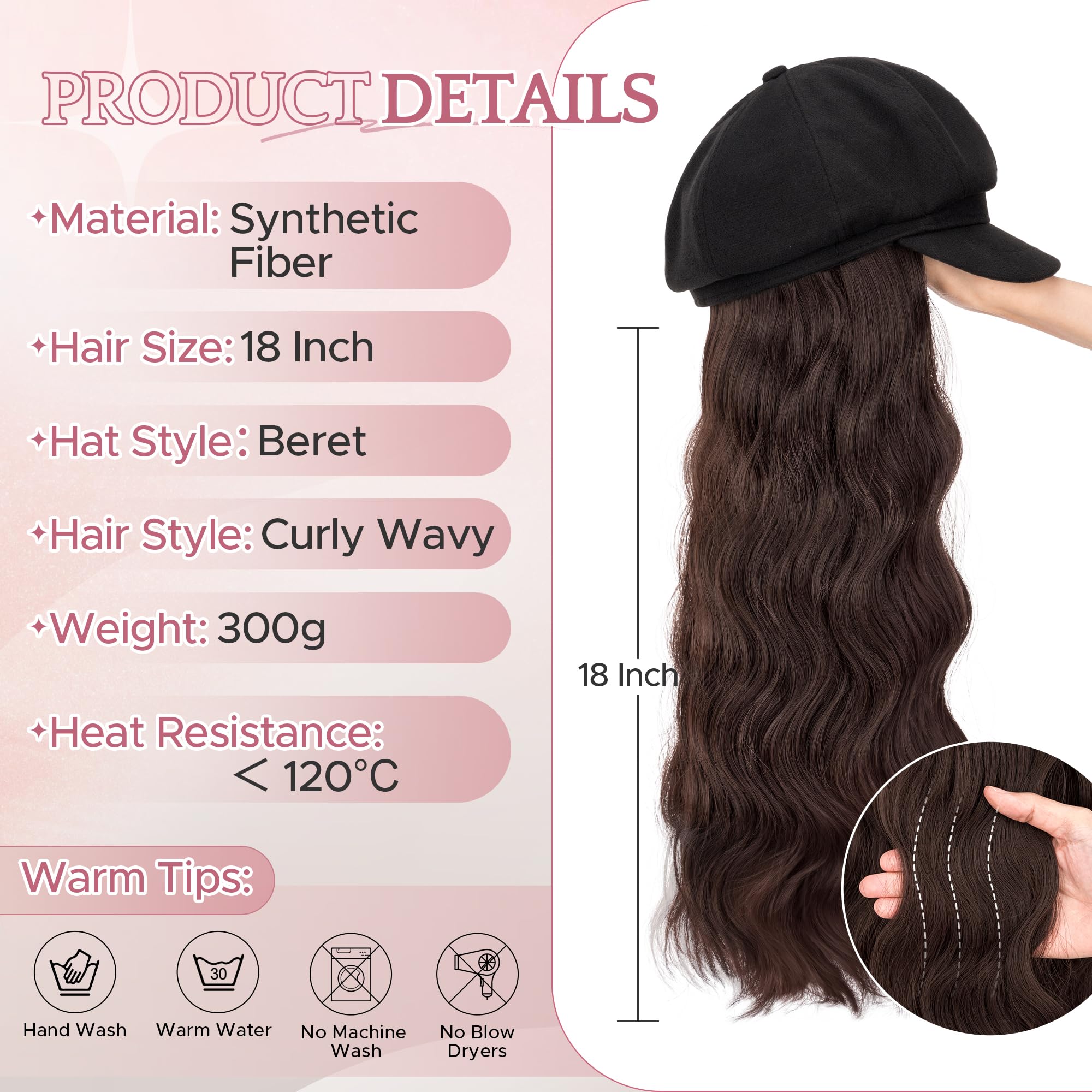 SEGO 18 Inch Long Wavy Hair Extension With Attached Black Beret Hat Synthetic Hairpiece Fashionable For Women - Medium Brown - Image 2