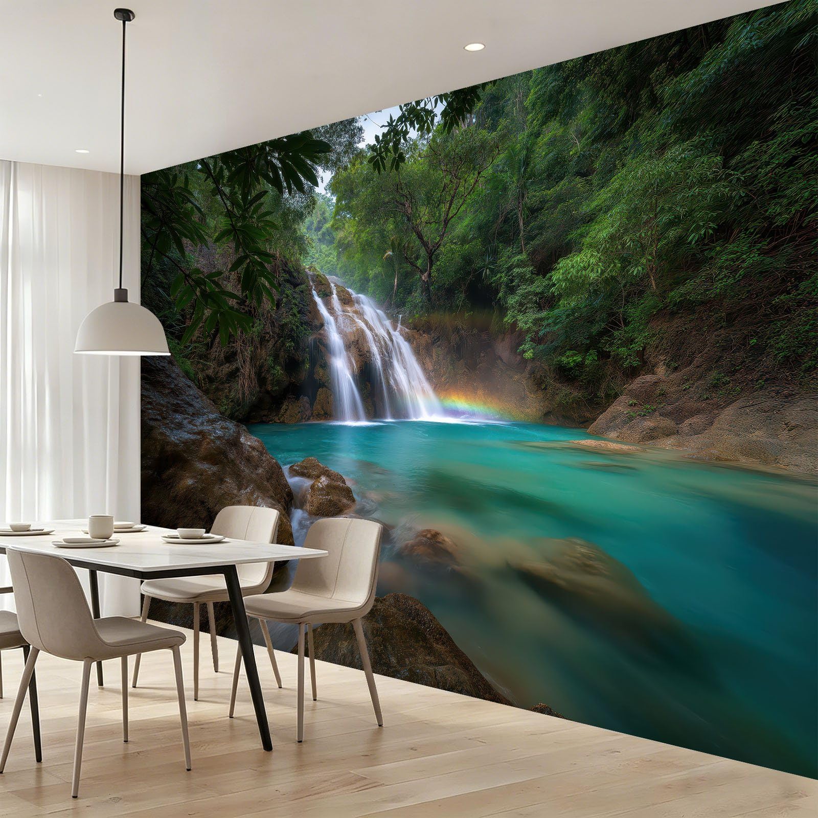 Papier Peint Jungle Tropical Naturel Panoramique Cascade Rochers Arc-En-Ciel Papier Peint Intissé Murale Salon Chambre à Coucher Maison Décoration Intérieure, 300 x 210 cm