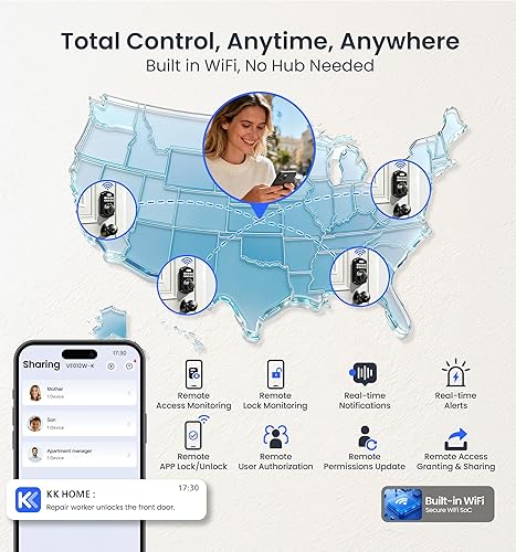 Miniatura 2 de Veise VE012W-K - Cerradura inteligente de huellas dactilares WiFi integrada con 2 perillas, no necesita concentrador, control remoto con aplicación,